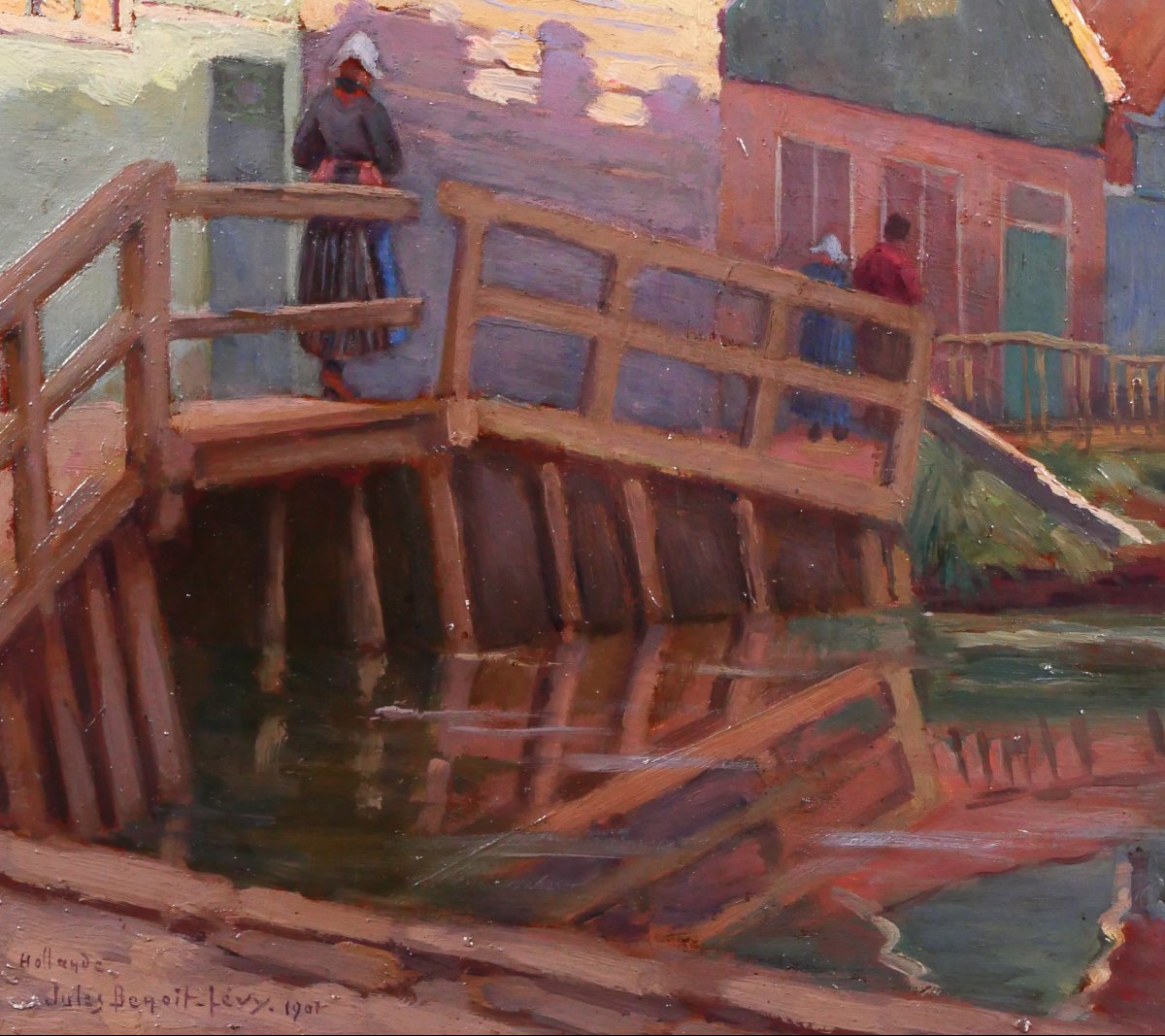 Jules Benoit-Levy 1866-1952 Pays-Bas, paysage aux maisons colorées, Volendam ? tableau 1901-photo-4