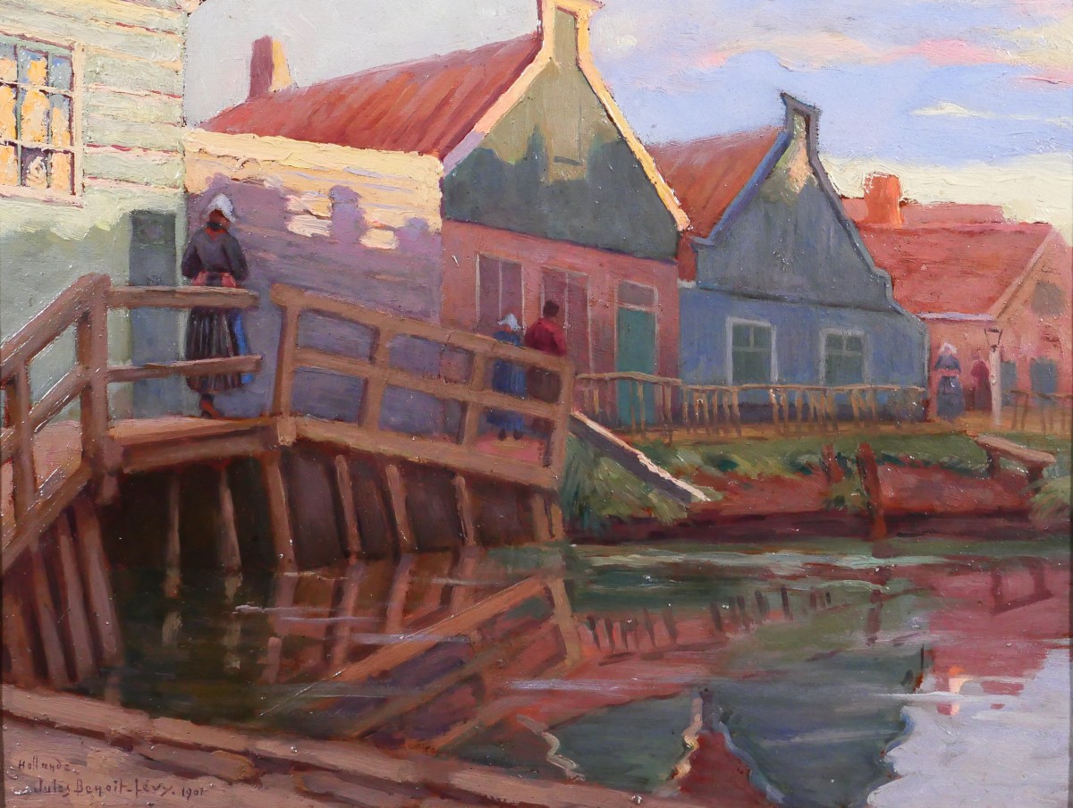 Jules Benoit-Levy 1866-1952 Pays-Bas, paysage aux maisons colorées, Volendam ? tableau 1901