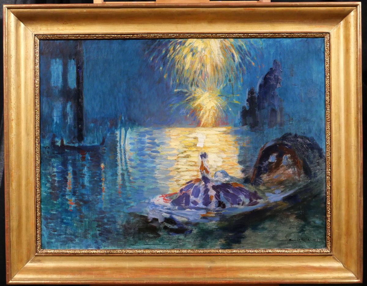 Henri Le Riche 1868-1944 Venise, fête nocturne, tableau, 1928 Italie Art Déco feu d'artifice-photo-2