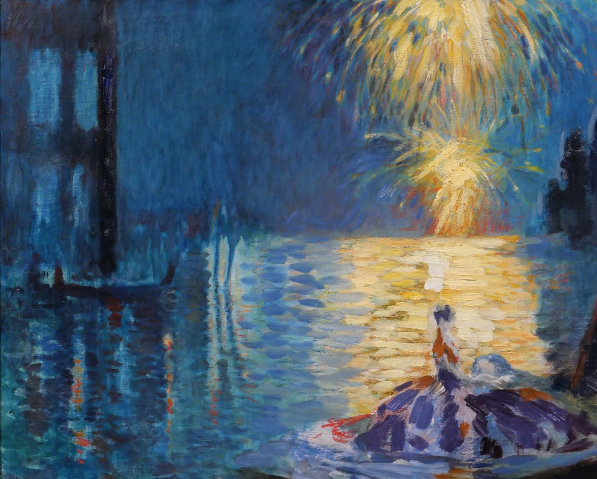 Henri Le Riche 1868-1944 Venise, fête nocturne, tableau, 1928 Italie Art Déco feu d'artifice-photo-1