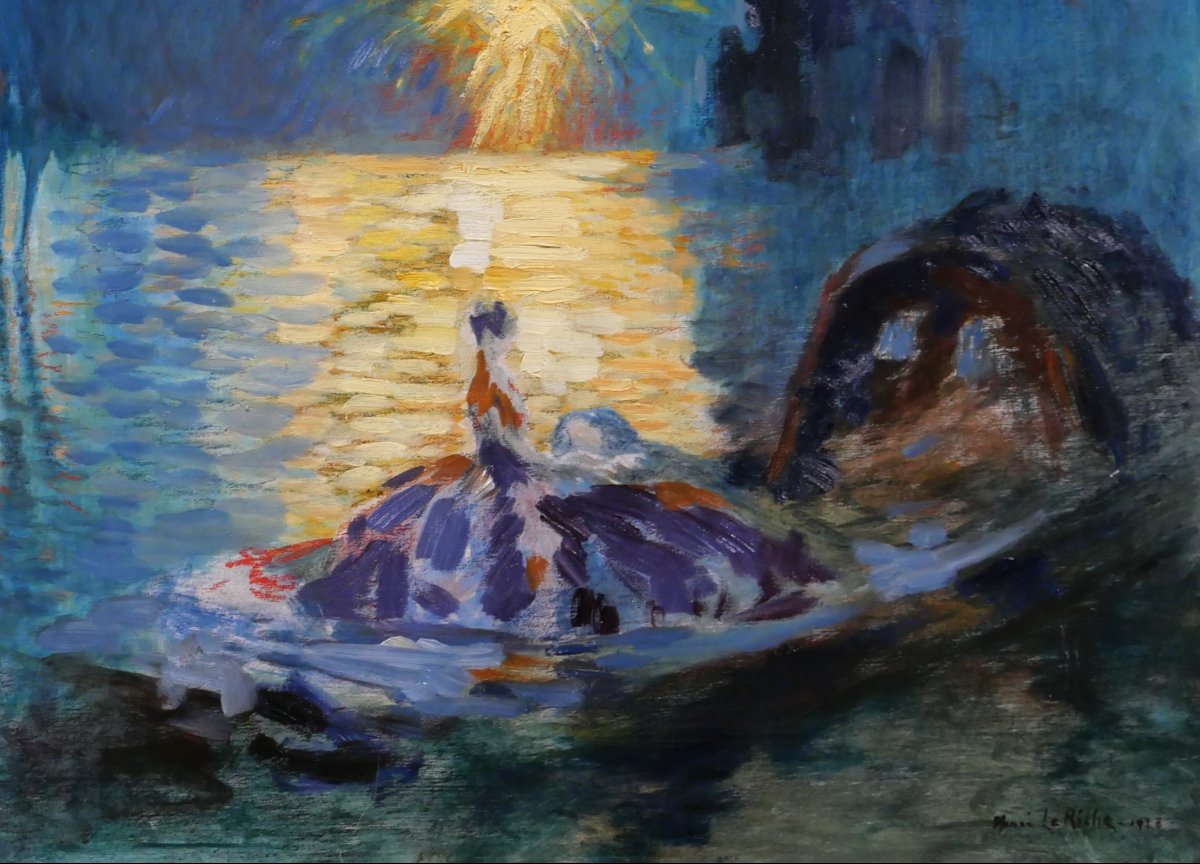 Henri Le Riche 1868-1944 Venise, fête nocturne, tableau, 1928 Italie Art Déco feu d'artifice-photo-3