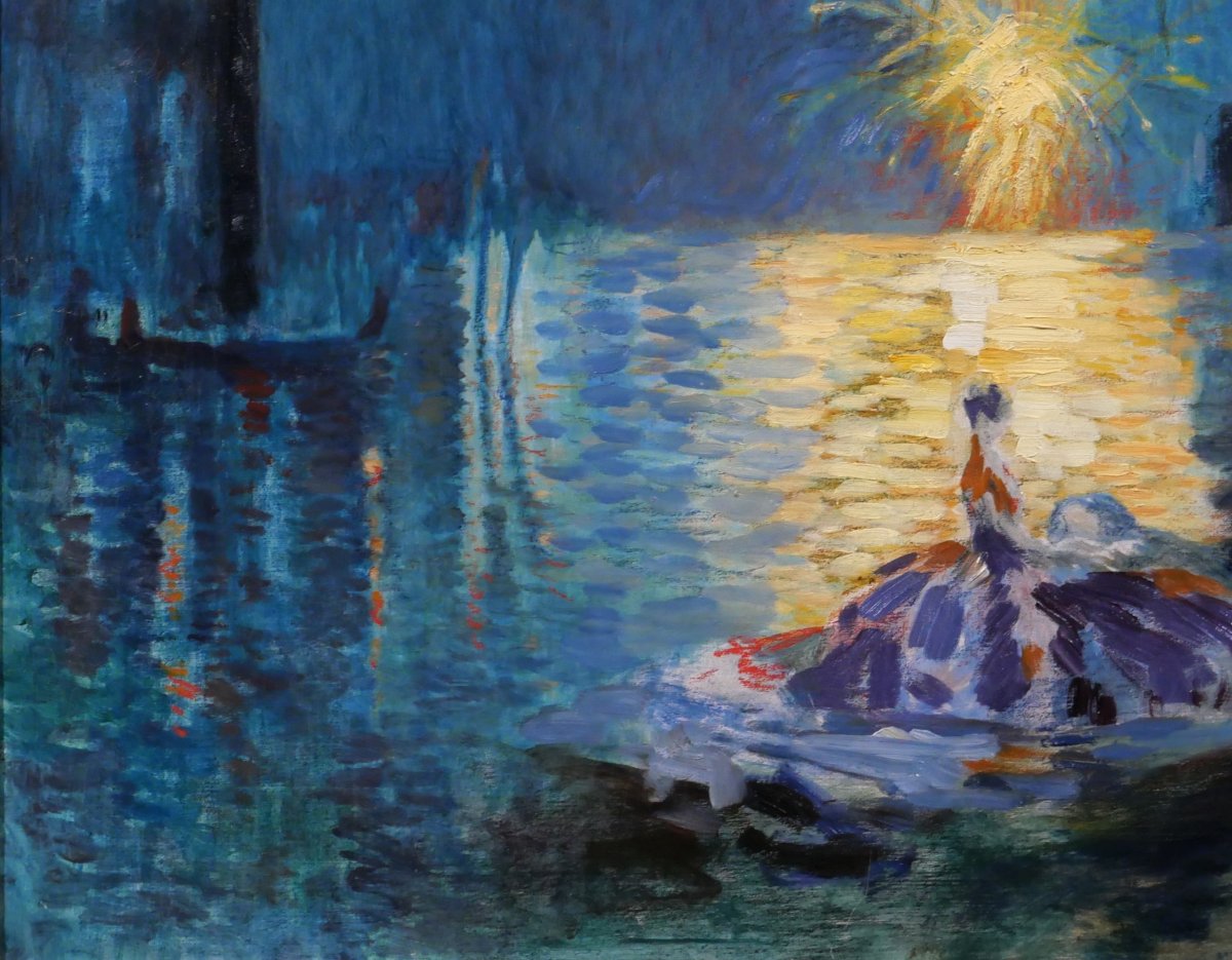 Henri Le Riche 1868-1944 Venise, fête nocturne, tableau, 1928 Italie Art Déco feu d'artifice-photo-4