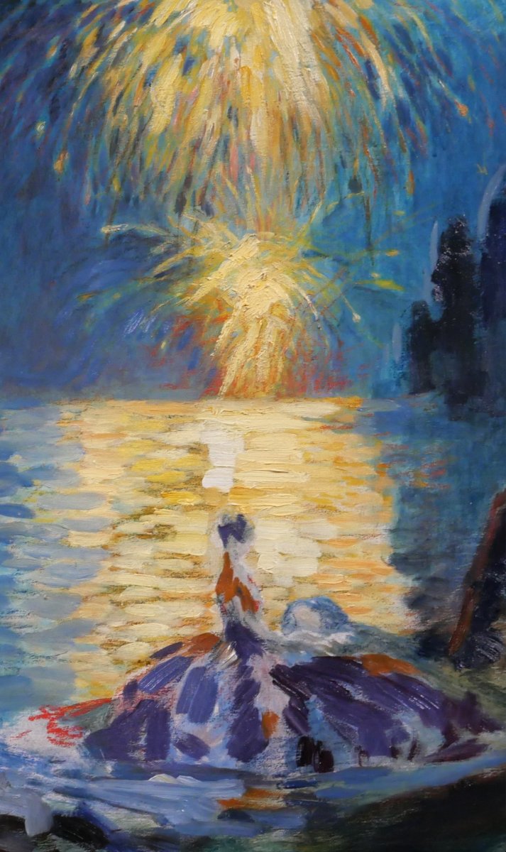 Henri Le Riche 1868-1944 Venise, fête nocturne, tableau, 1928 Italie Art Déco feu d'artifice-photo-6