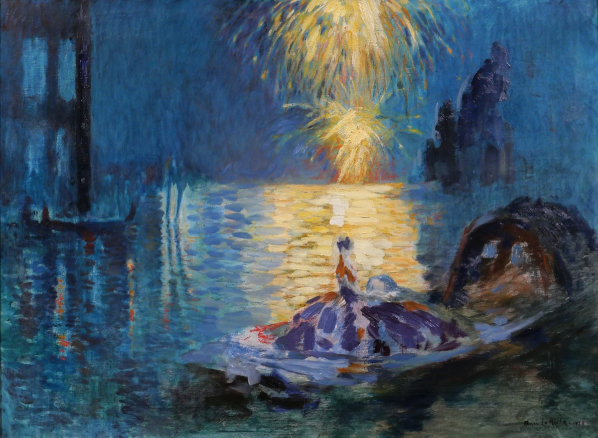 Henri Le Riche 1868-1944 Venise, fête nocturne, tableau, 1928 Italie Art Déco feu d'artifice
