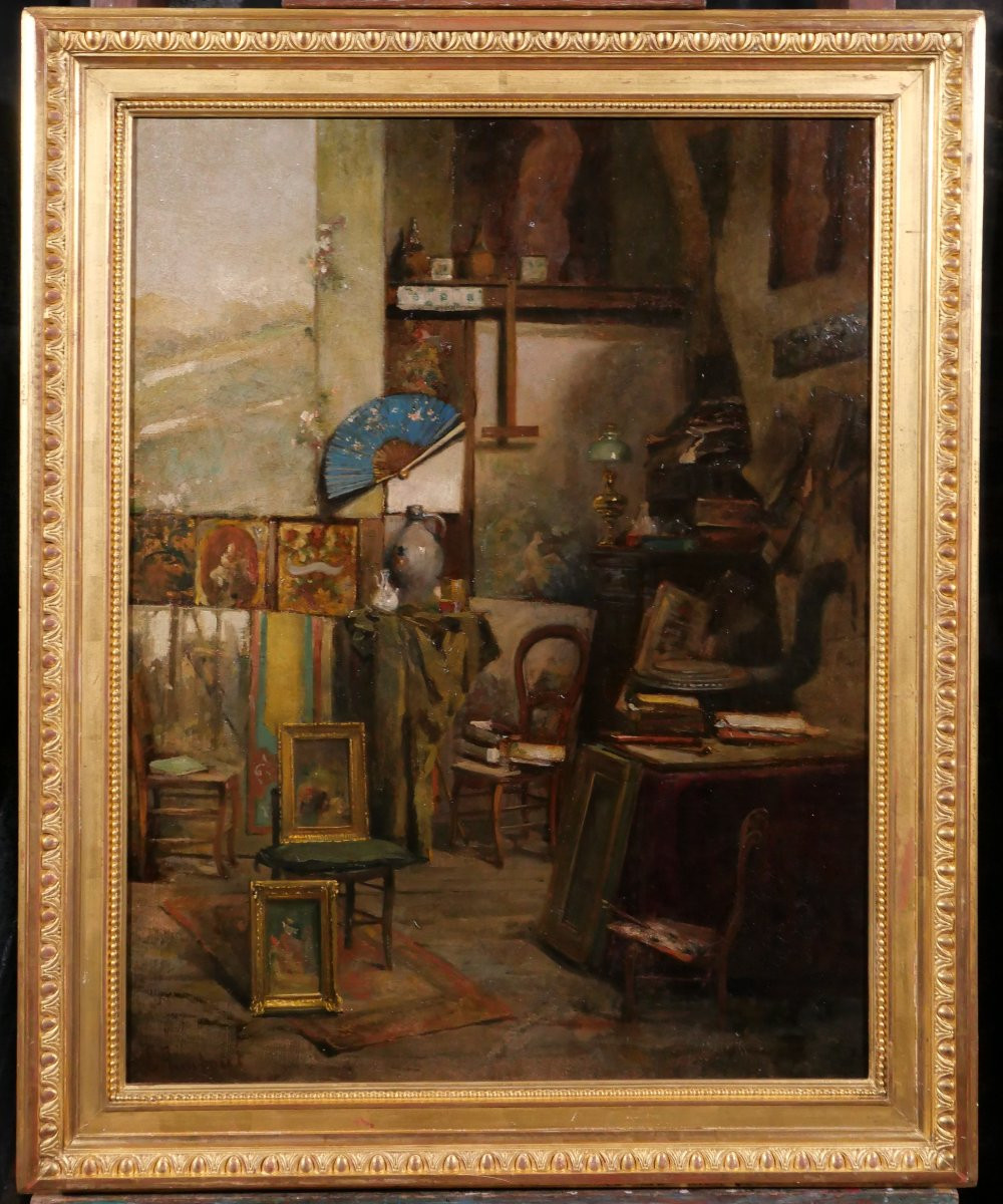 Emile RIMBOUT 1849-1926 L'atelier de l'artiste à Bruxelles, tableau, vers 1890 intérieur-photo-2