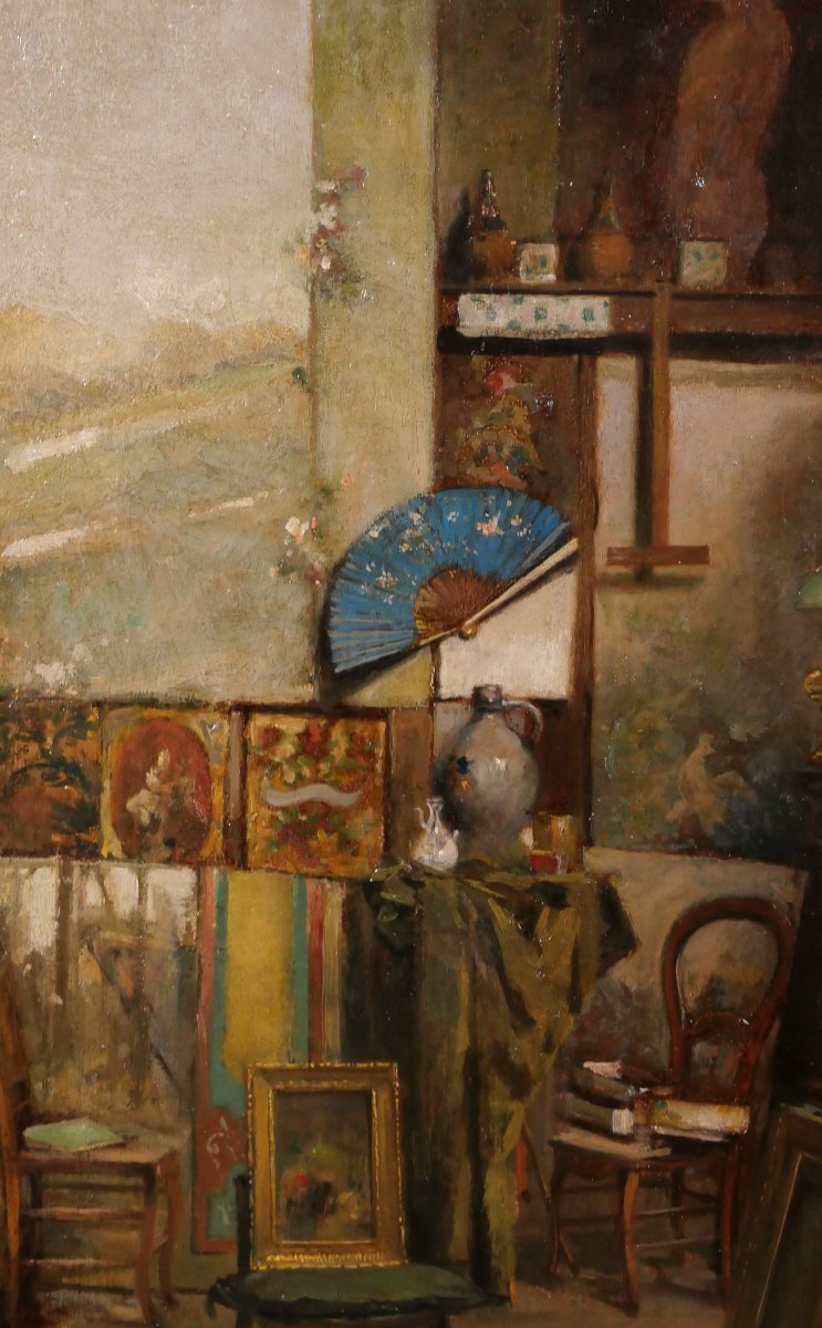 Emile RIMBOUT 1849-1926 L'atelier de l'artiste à Bruxelles, tableau, vers 1890 intérieur-photo-1