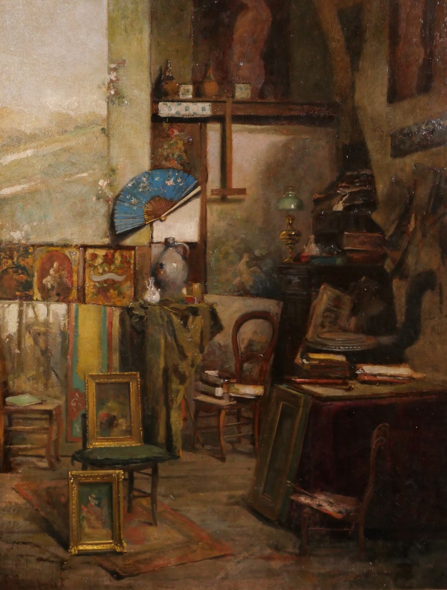 Emile RIMBOUT 1849-1926 L'atelier de l'artiste à Bruxelles, tableau, vers 1890 intérieur