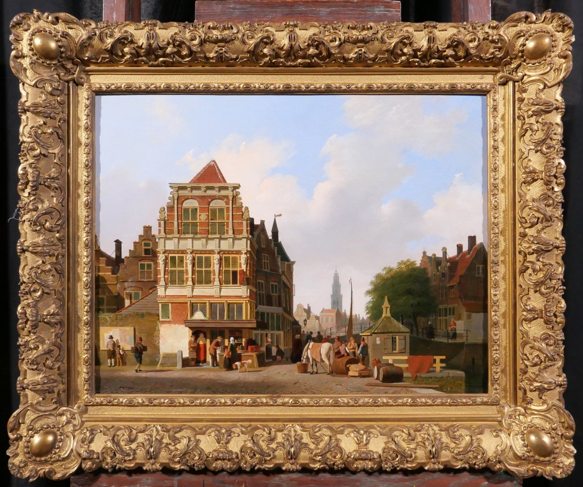 Johannes Rutten 1809-1884 Amsterdam, Lively Landscape With Westerkerk, Painting, Ca. 1840-50-photo-2