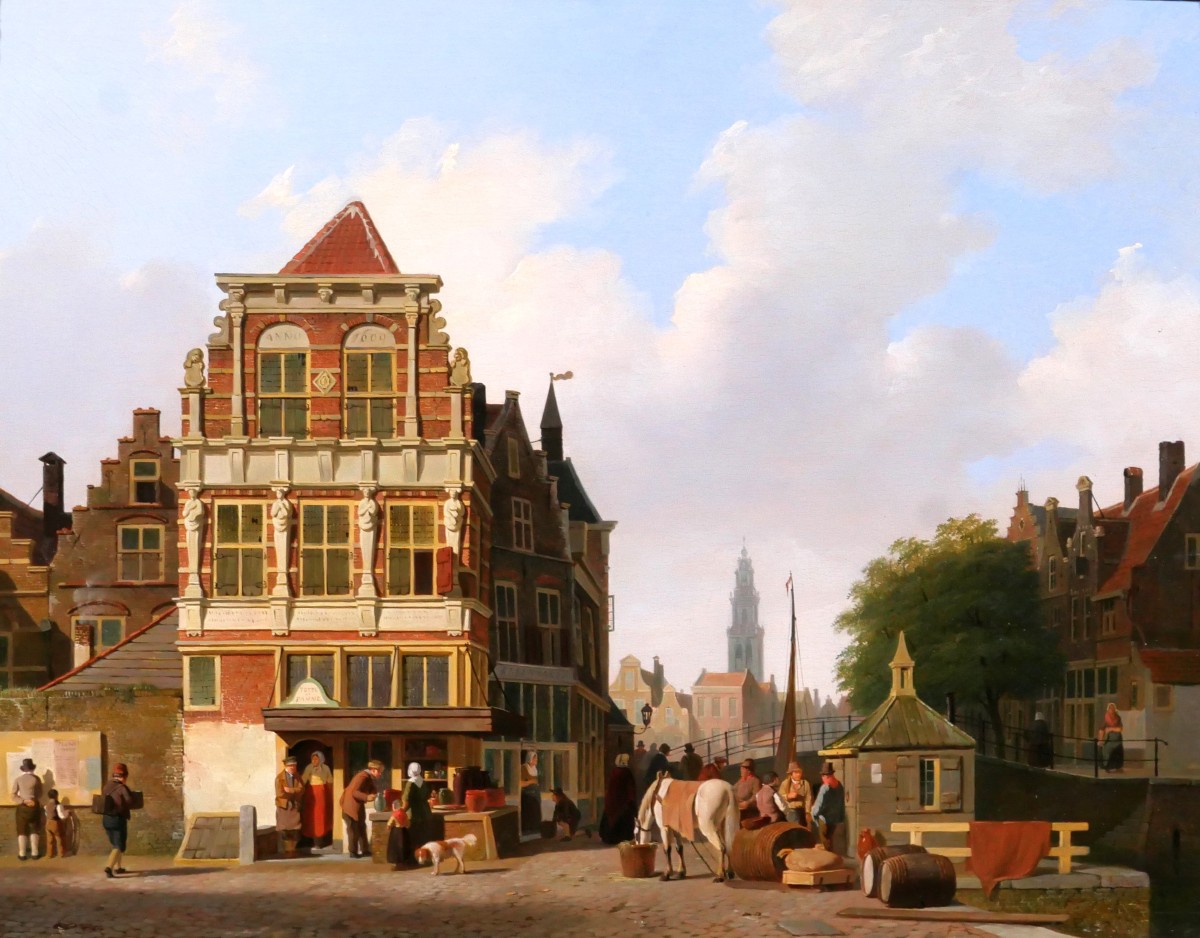 Johannes Rutten 1809-1884 Amsterdam, Lively Landscape With Westerkerk, Painting, Ca. 1840-50