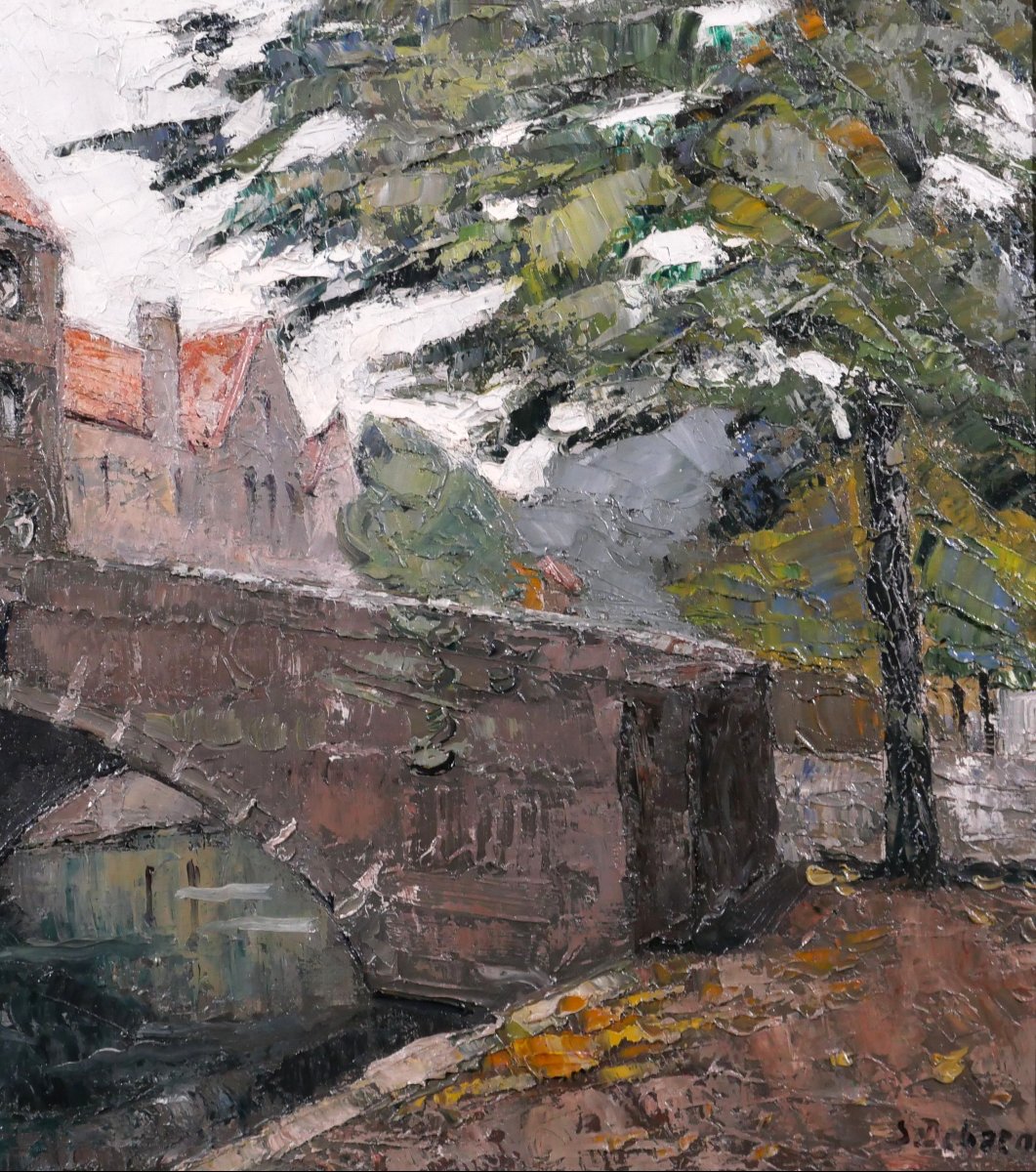 Stéphane-Georges DEBAENE 1902-1946 Bruges, paysage, tableau vers 1930-40 Belgique Art Déco-photo-4
