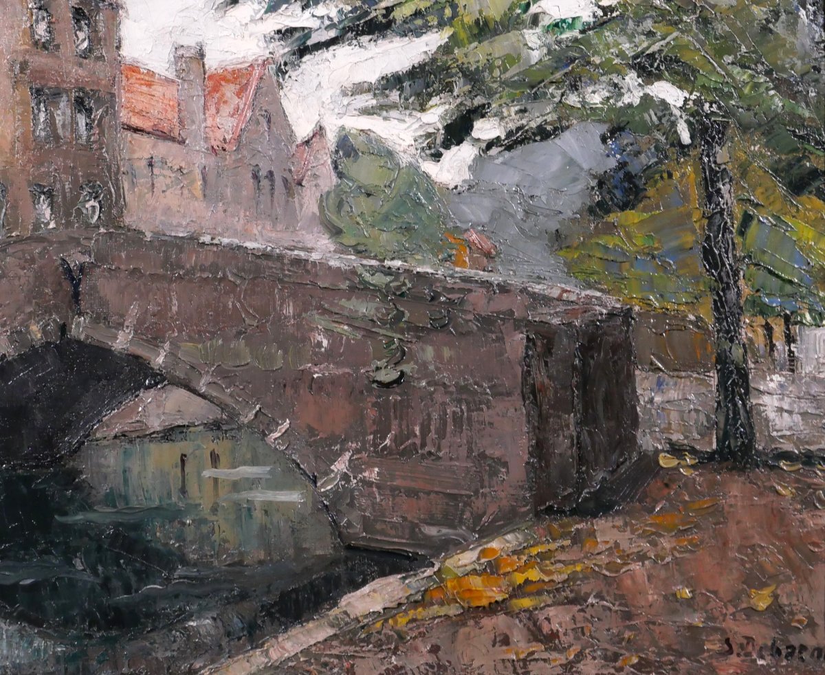 Stéphane-Georges DEBAENE 1902-1946 Bruges, paysage, tableau vers 1930-40 Belgique Art Déco-photo-3