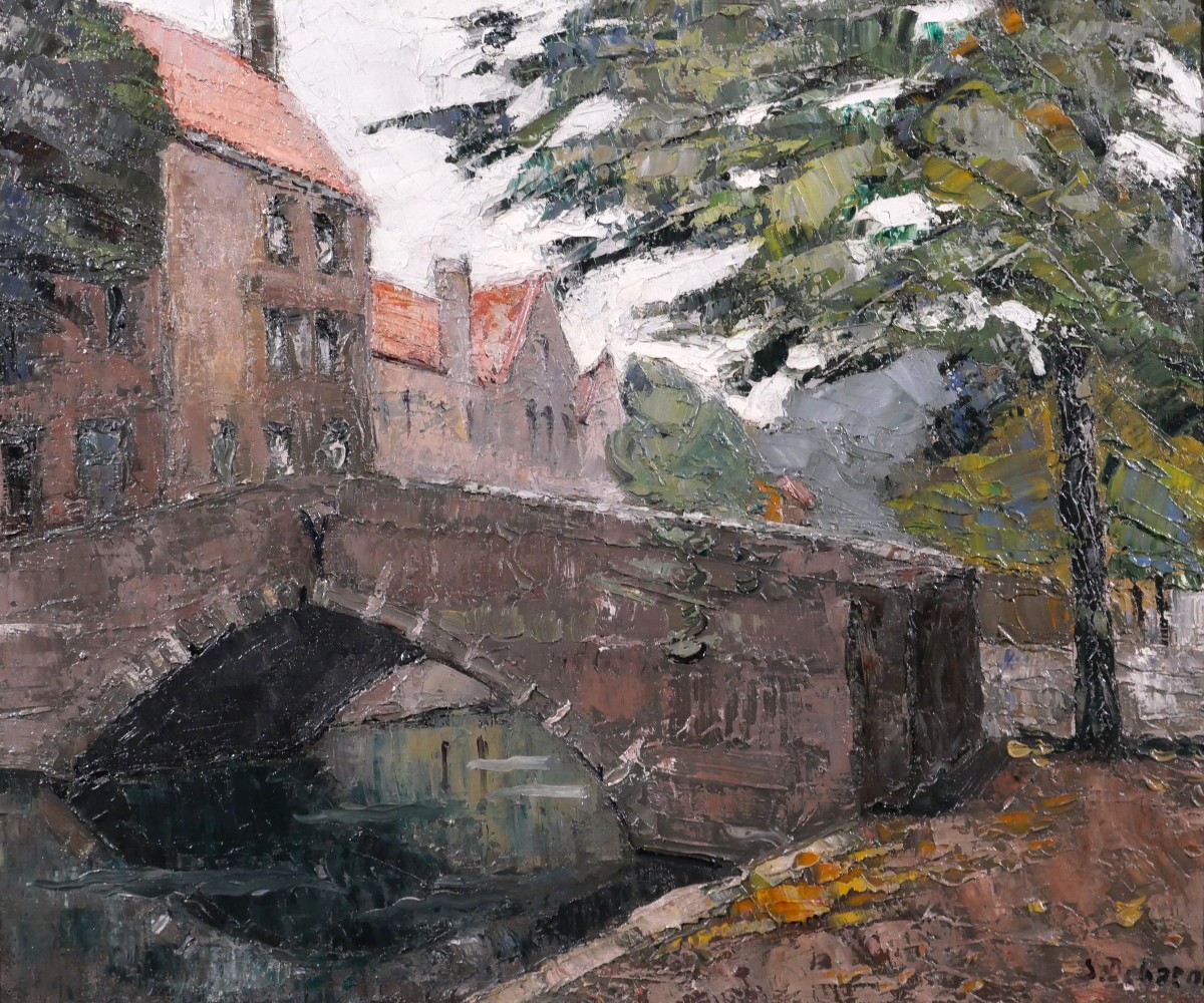 Stéphane-Georges DEBAENE 1902-1946 Bruges, paysage, tableau vers 1930-40 Belgique Art Déco