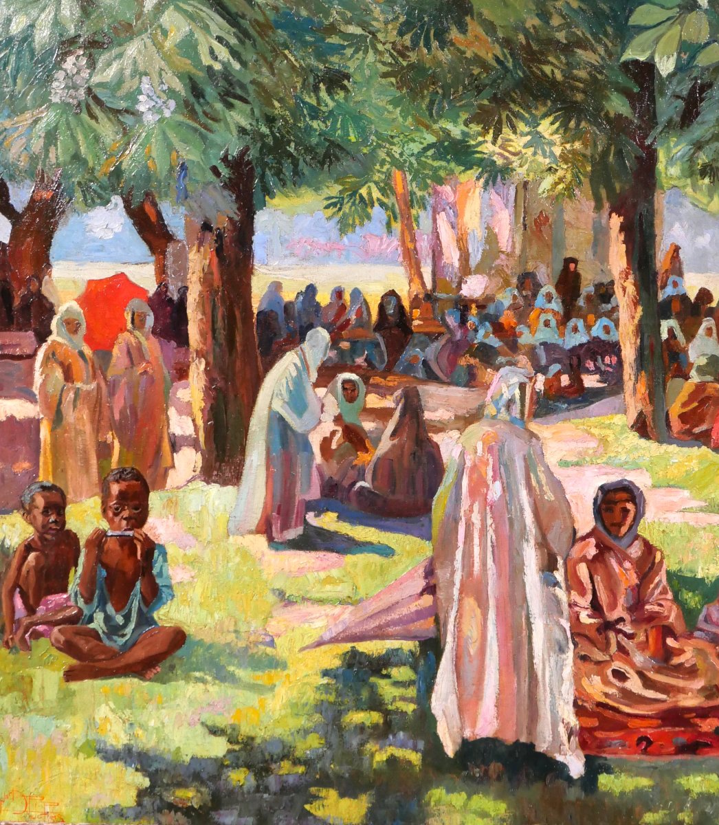 Léonard Pelgrims 1894-1967 Belgian Congo, Animated Scene, Painting Circa 1930 African Landscape-photo-3