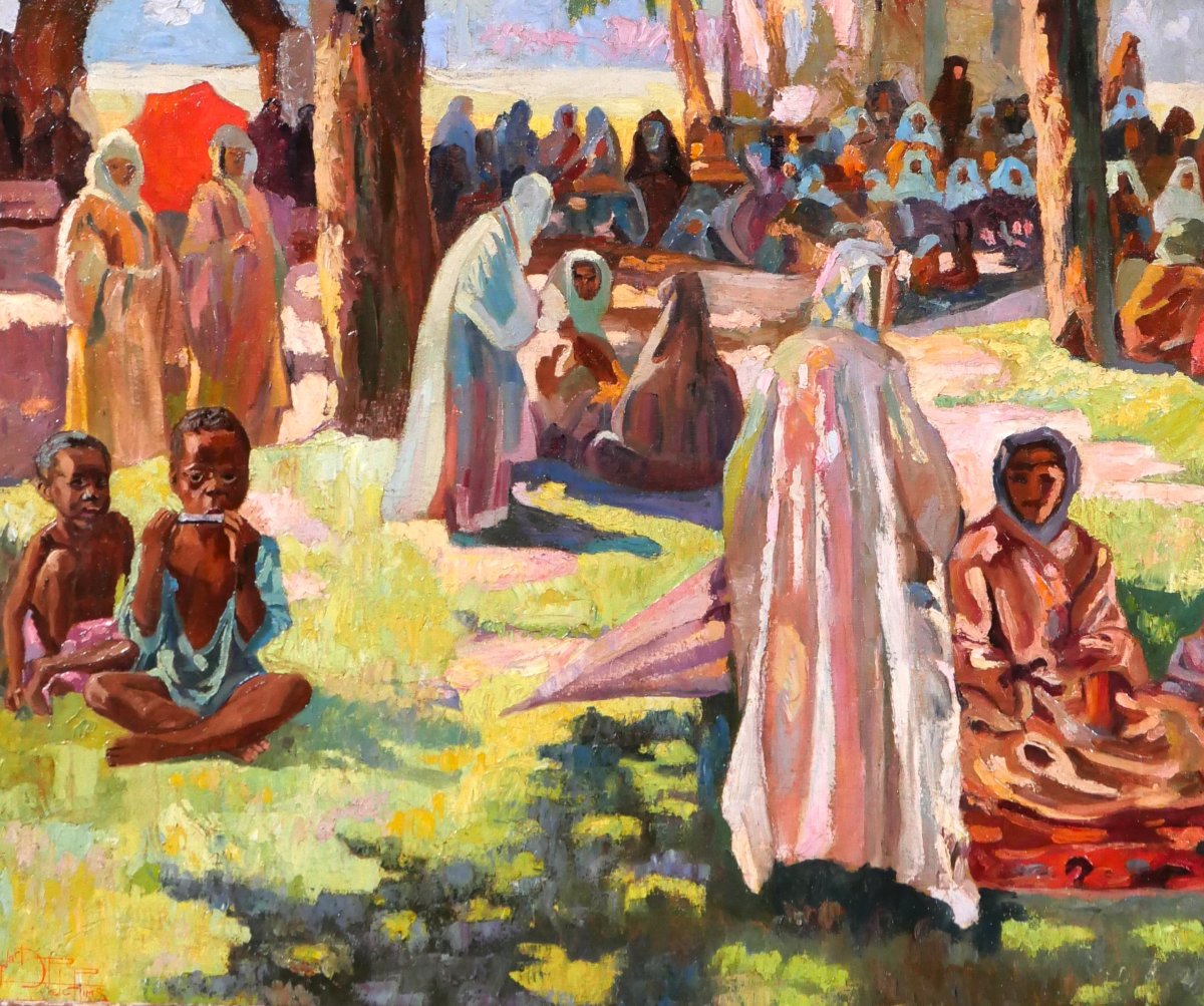 Léonard Pelgrims 1894-1967 Belgian Congo, Animated Scene, Painting Circa 1930 African Landscape-photo-4