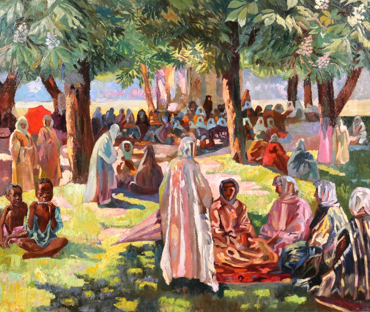 Léonard Pelgrims 1894-1967 Belgian Congo, Animated Scene, Painting Circa 1930 African Landscape