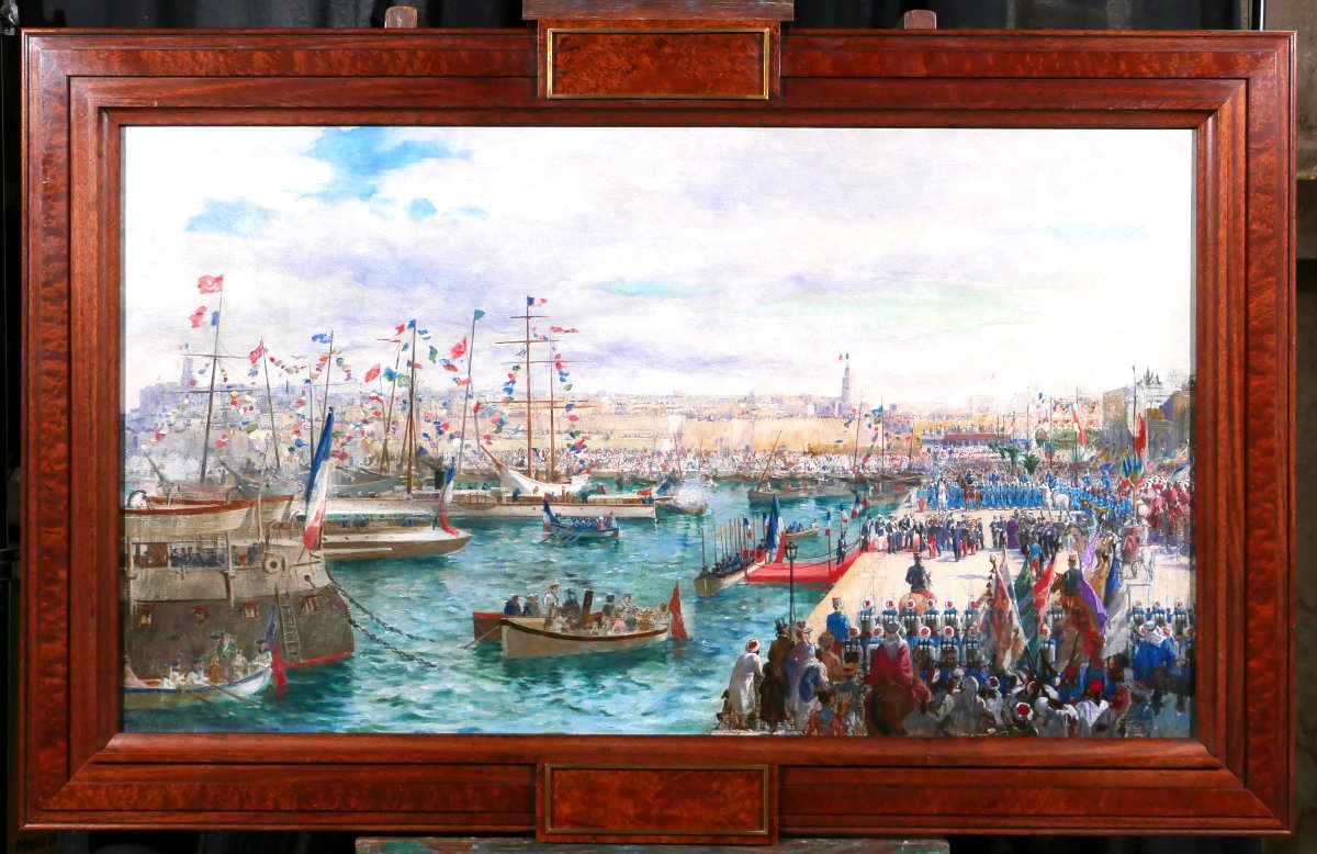 Paul Merwart 1855-1902 Tunisia, The Port Of Sousse, Inauguration Of Port Works, Large Painting-photo-2