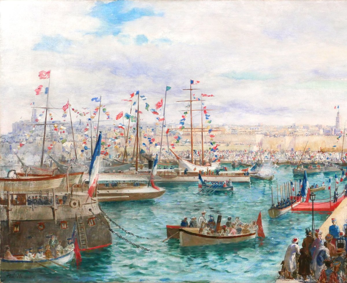 Paul Merwart 1855-1902 Tunisia, The Port Of Sousse, Inauguration Of Port Works, Large Painting-photo-3