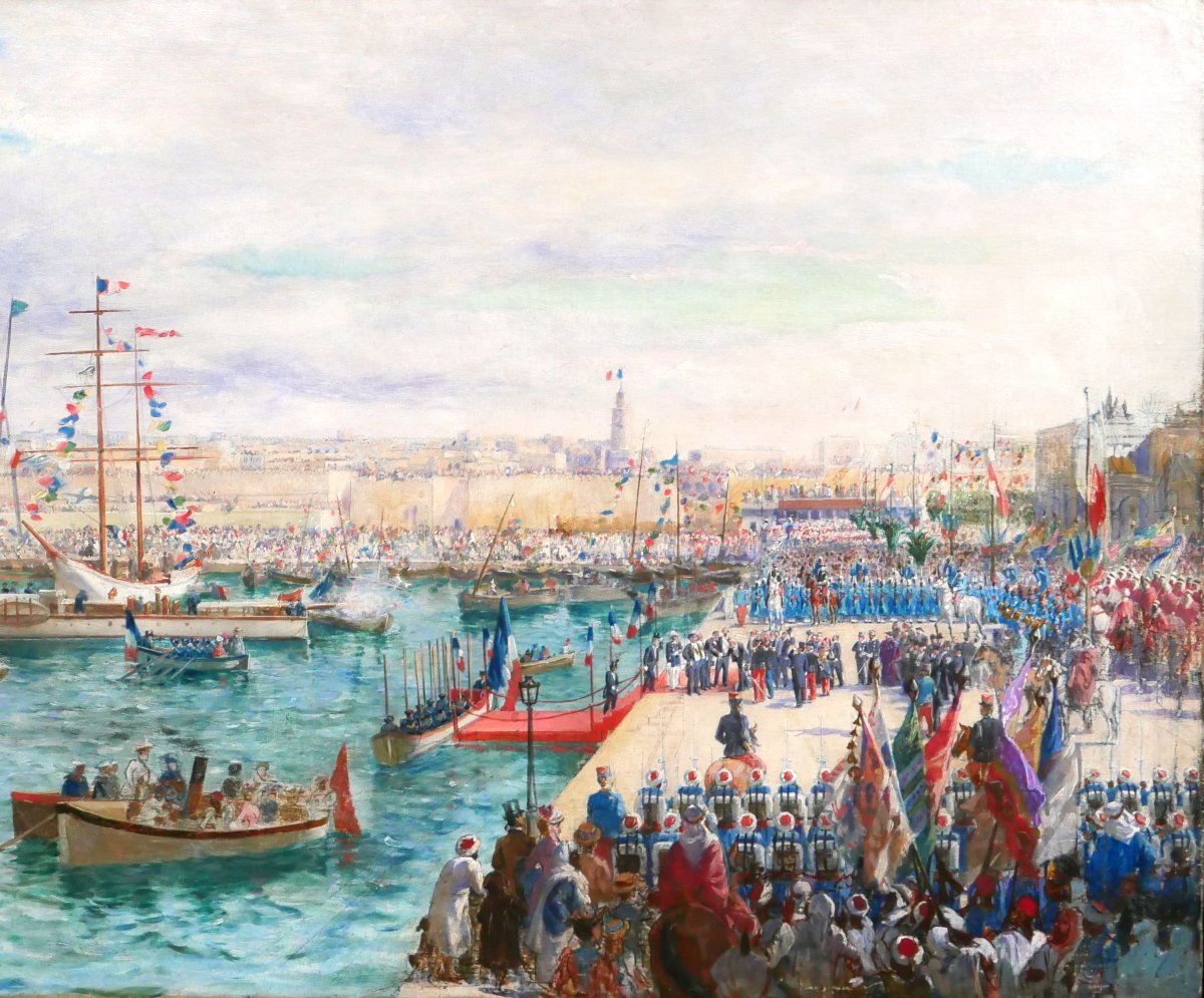 Paul Merwart 1855-1902 Tunisia, The Port Of Sousse, Inauguration Of Port Works, Large Painting-photo-4
