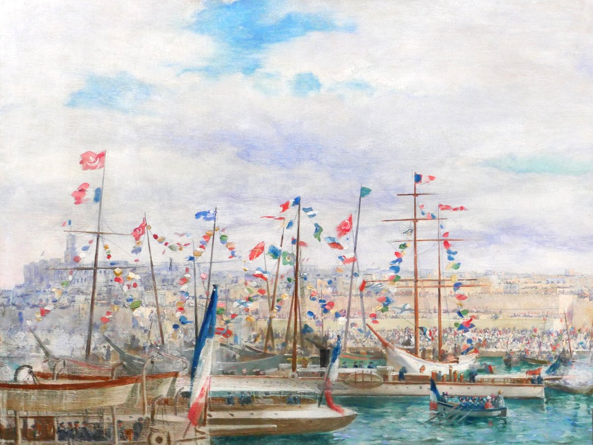 Paul Merwart 1855-1902 Tunisia, The Port Of Sousse, Inauguration Of Port Works, Large Painting-photo-1