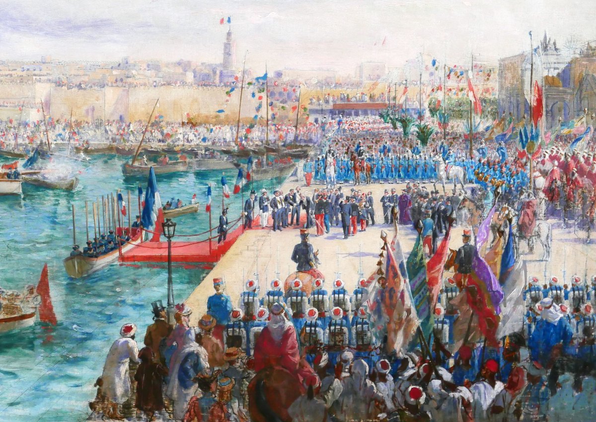 Paul Merwart 1855-1902 Tunisia, The Port Of Sousse, Inauguration Of Port Works, Large Painting-photo-3
