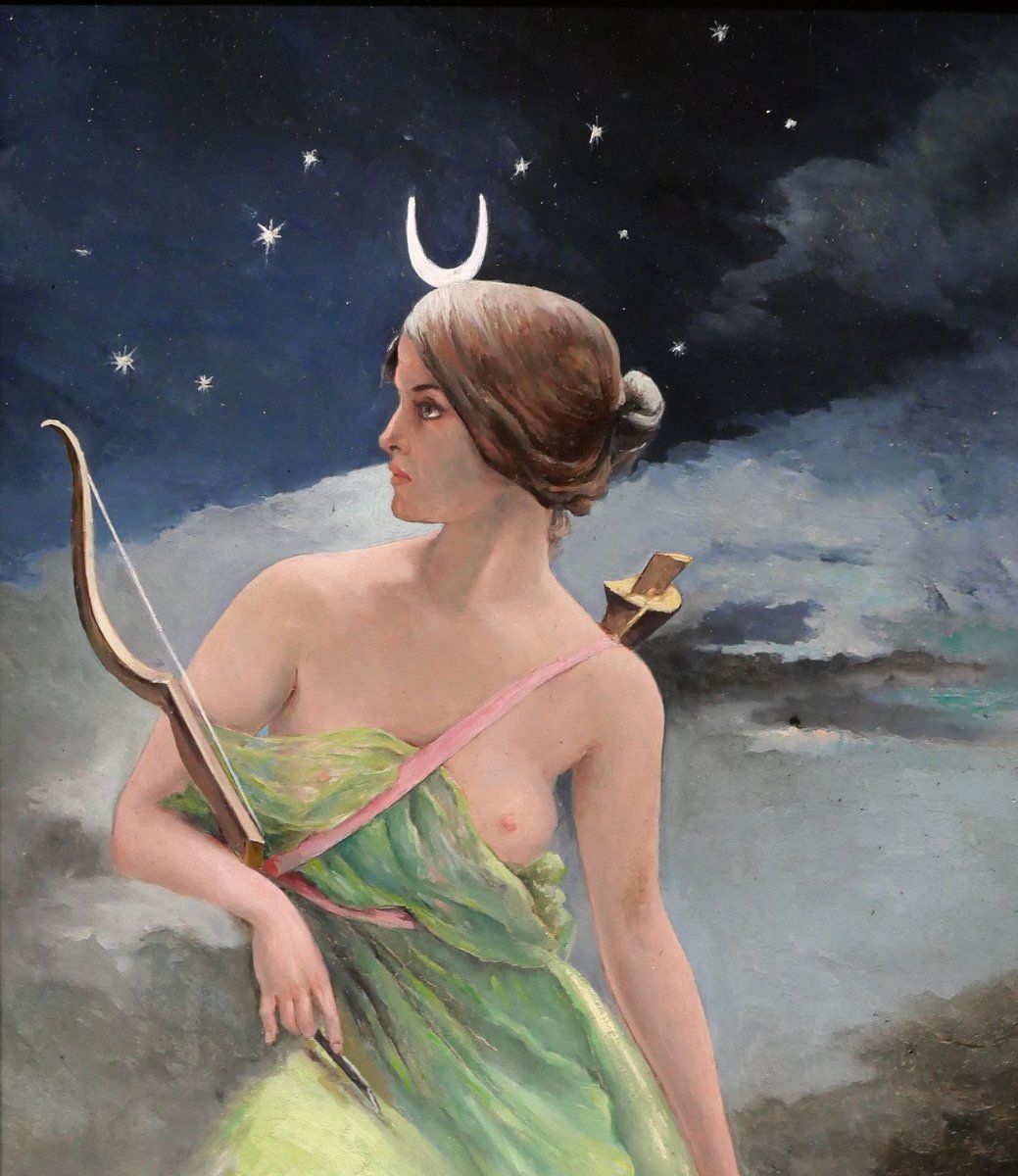Albert Dremel 1864-? Diane Chasseresse En Allégorie De La Nuit, Painting, 1898 Symbolism-photo-3