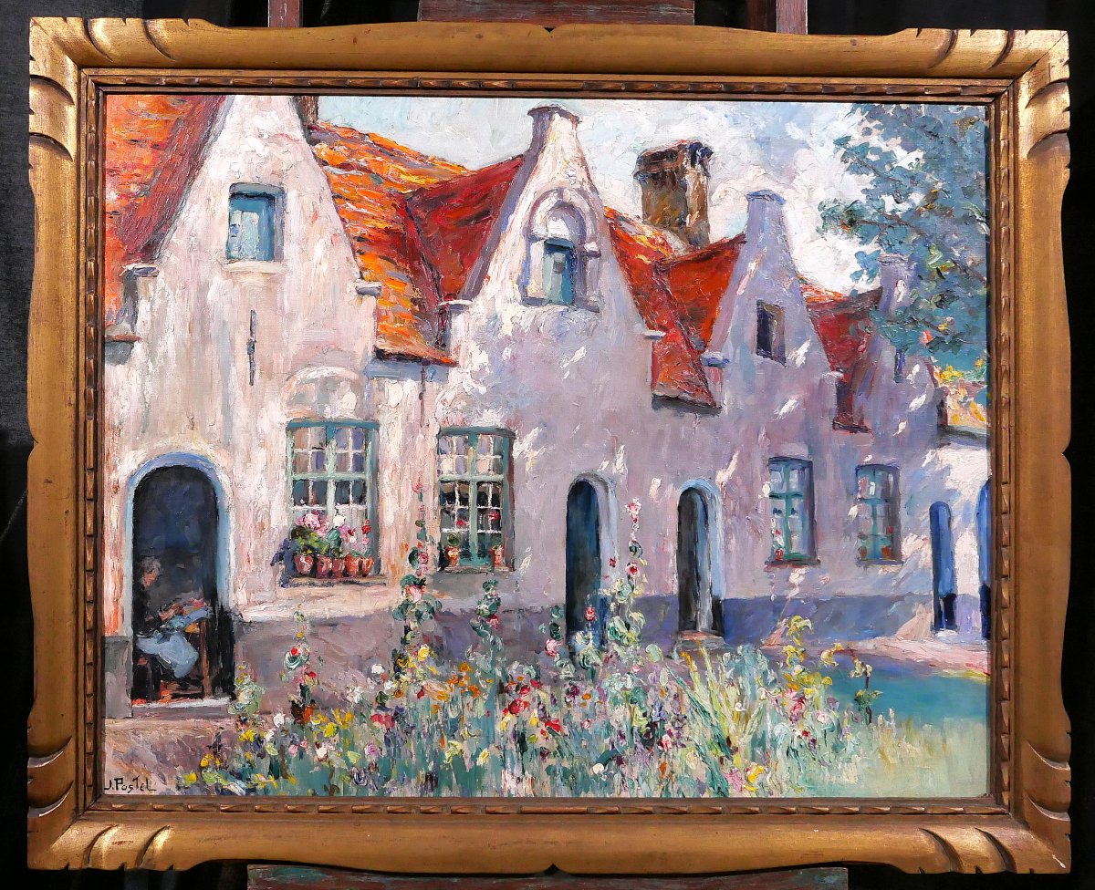 Jules POSTEL 1867-1955 Bruges, fleurs au Béguinage, grand tableau, vers 1930, paysage Brugge-photo-2