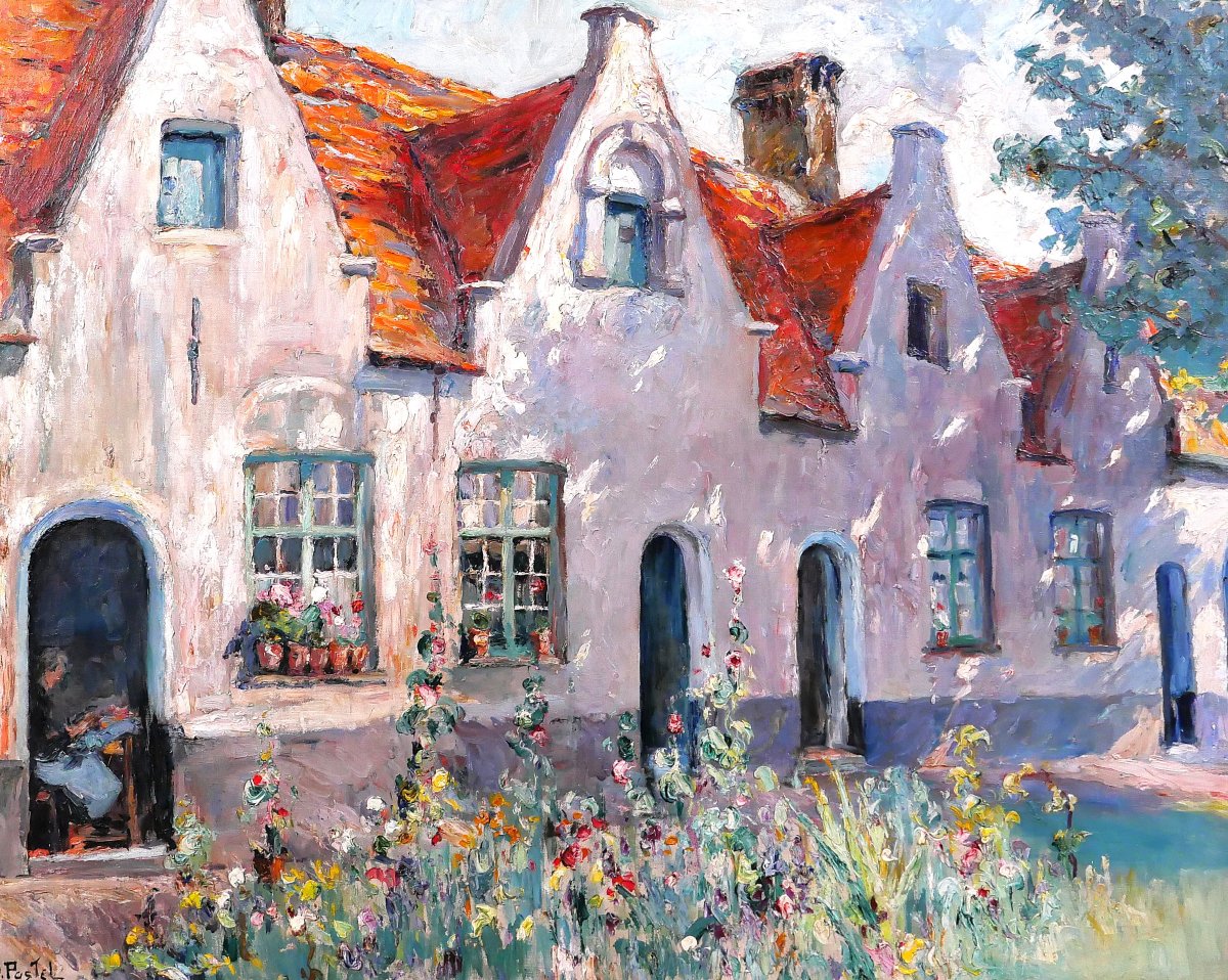 Jules POSTEL 1867-1955 Bruges, fleurs au Béguinage, grand tableau, vers 1930, paysage Brugge-photo-3