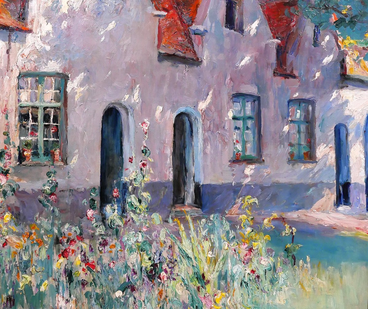 Jules POSTEL 1867-1955 Bruges, fleurs au Béguinage, grand tableau, vers 1930, paysage Brugge-photo-3