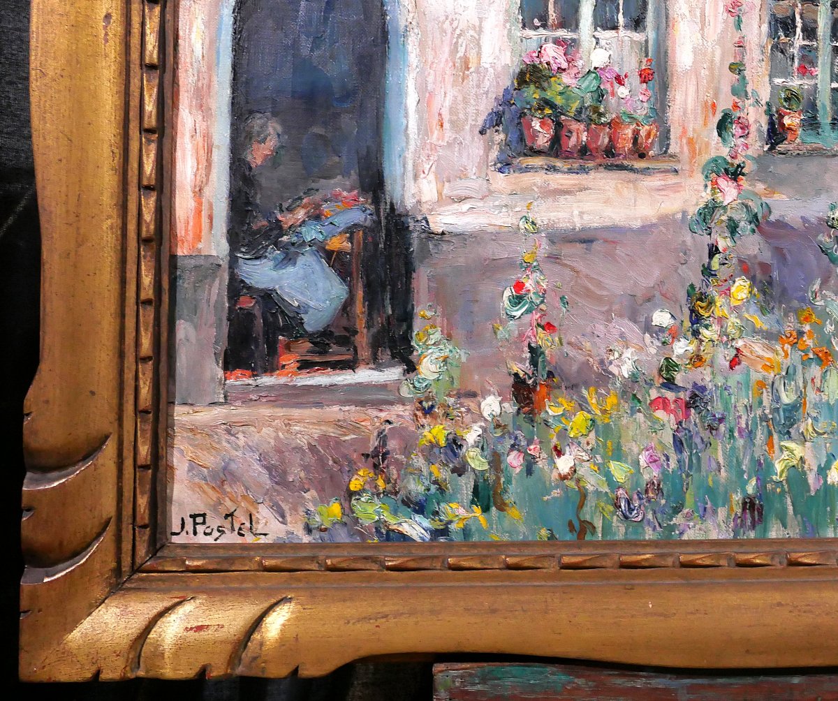 Jules POSTEL 1867-1955 Bruges, fleurs au Béguinage, grand tableau, vers 1930, paysage Brugge-photo-5