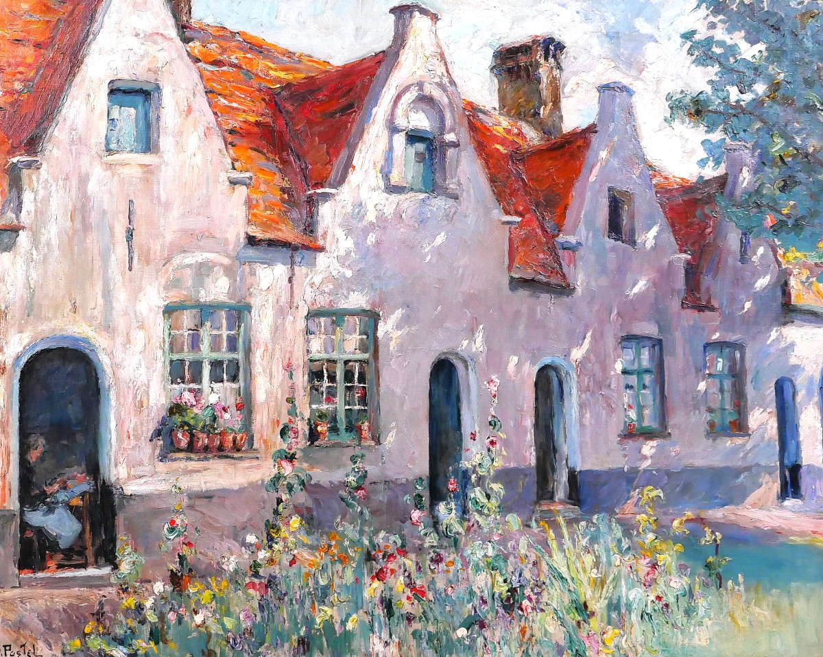 Jules POSTEL 1867-1955 Bruges, fleurs au Béguinage, grand tableau, vers 1930, paysage Brugge