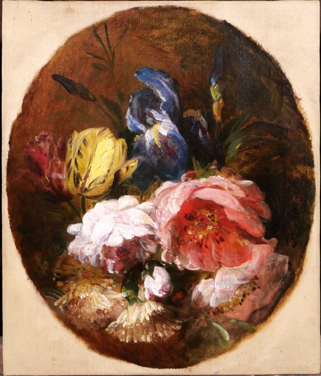 Philippe ROUSSEAU 1816-1887 Fleurs de printemps tableau, vers 1860-70 nature morte roses iris-photo-3