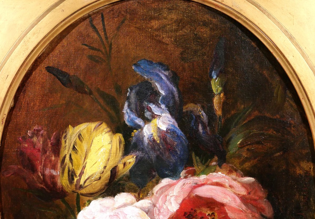 Philippe ROUSSEAU 1816-1887 Fleurs de printemps tableau, vers 1860-70 nature morte roses iris-photo-4