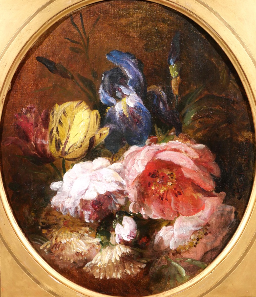 Philippe ROUSSEAU 1816-1887 Fleurs de printemps tableau, vers 1860-70 nature morte roses iris