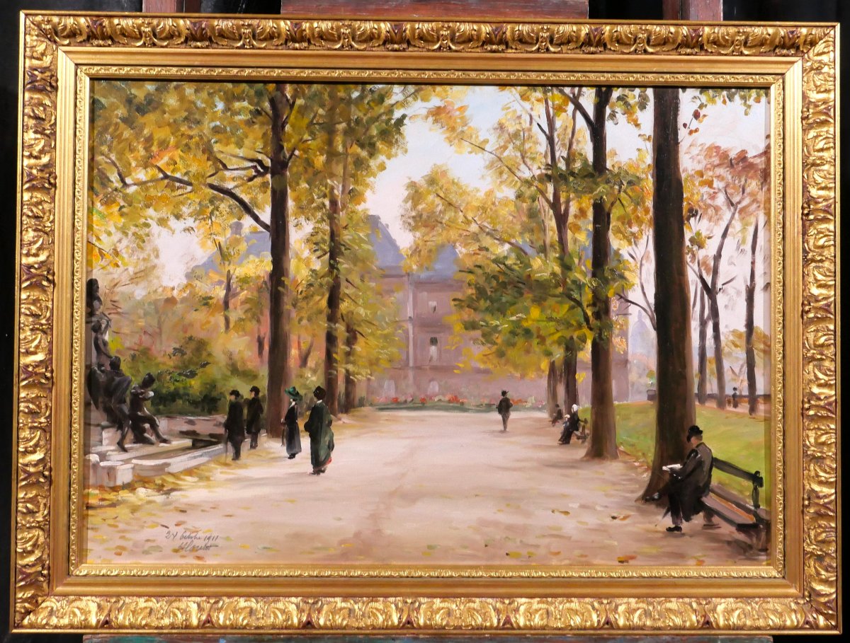 Henri LOUBAT 1855-1926 Paris, le jardin du Luxemborg, tableau, 1911 paysage impressionnisme-photo-2
