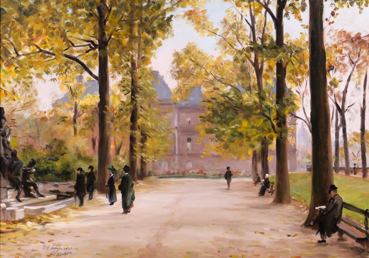 Henri LOUBAT 1855-1926 Paris, le jardin du Luxemborg, tableau, 1911 paysage impressionnisme-photo-3
