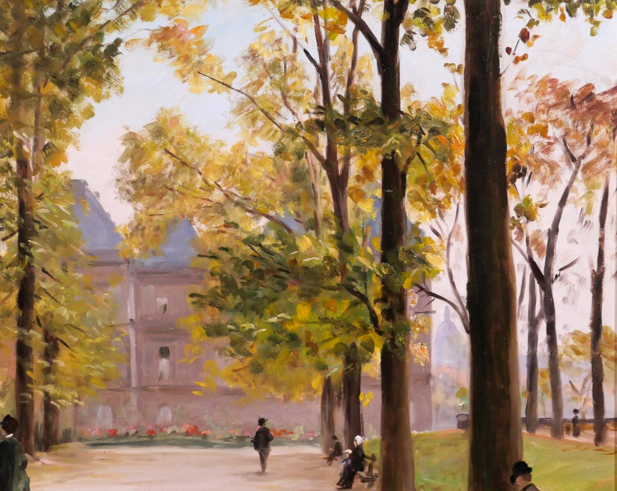 Henri LOUBAT 1855-1926 Paris, le jardin du Luxemborg, tableau, 1911 paysage impressionnisme-photo-2