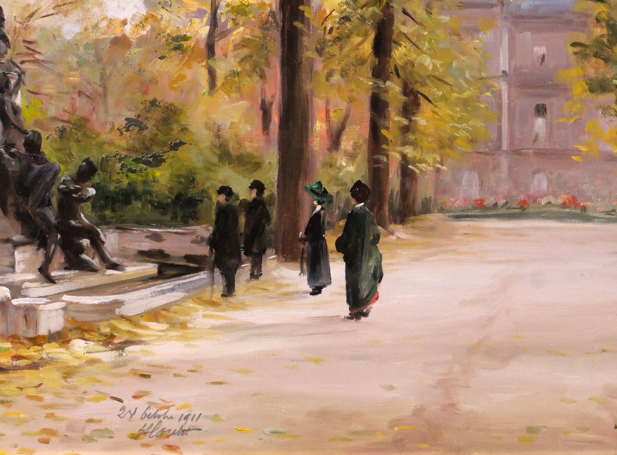 Henri LOUBAT 1855-1926 Paris, le jardin du Luxemborg, tableau, 1911 paysage impressionnisme-photo-4