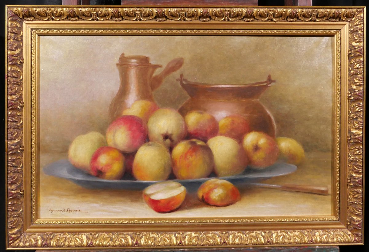 Armand BOUXIN 1880-1972 Nature morte aux pommes, tableau, vers 1940-50 Reims fruits-photo-2