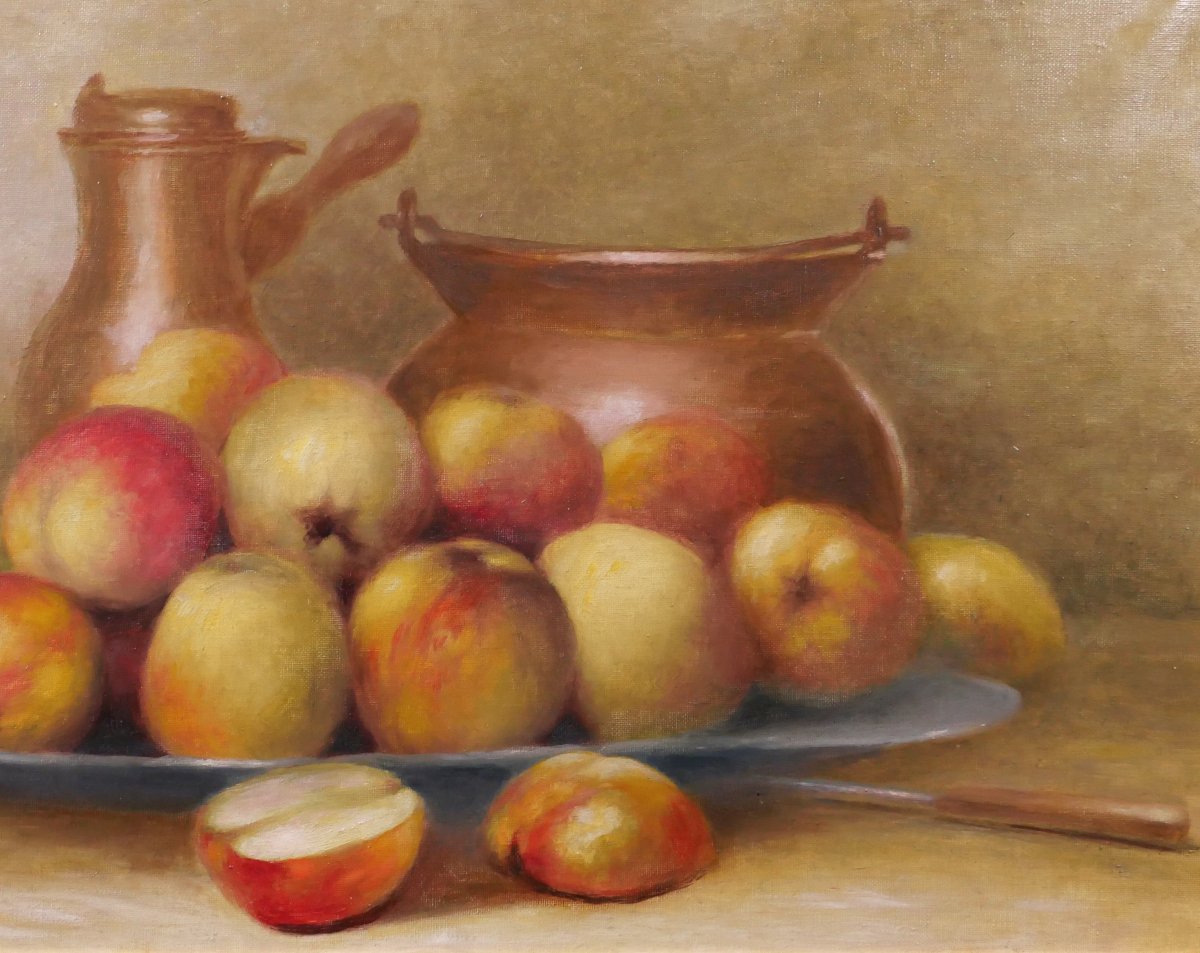 Armand BOUXIN 1880-1972 Nature morte aux pommes, tableau, vers 1940-50 Reims fruits-photo-4