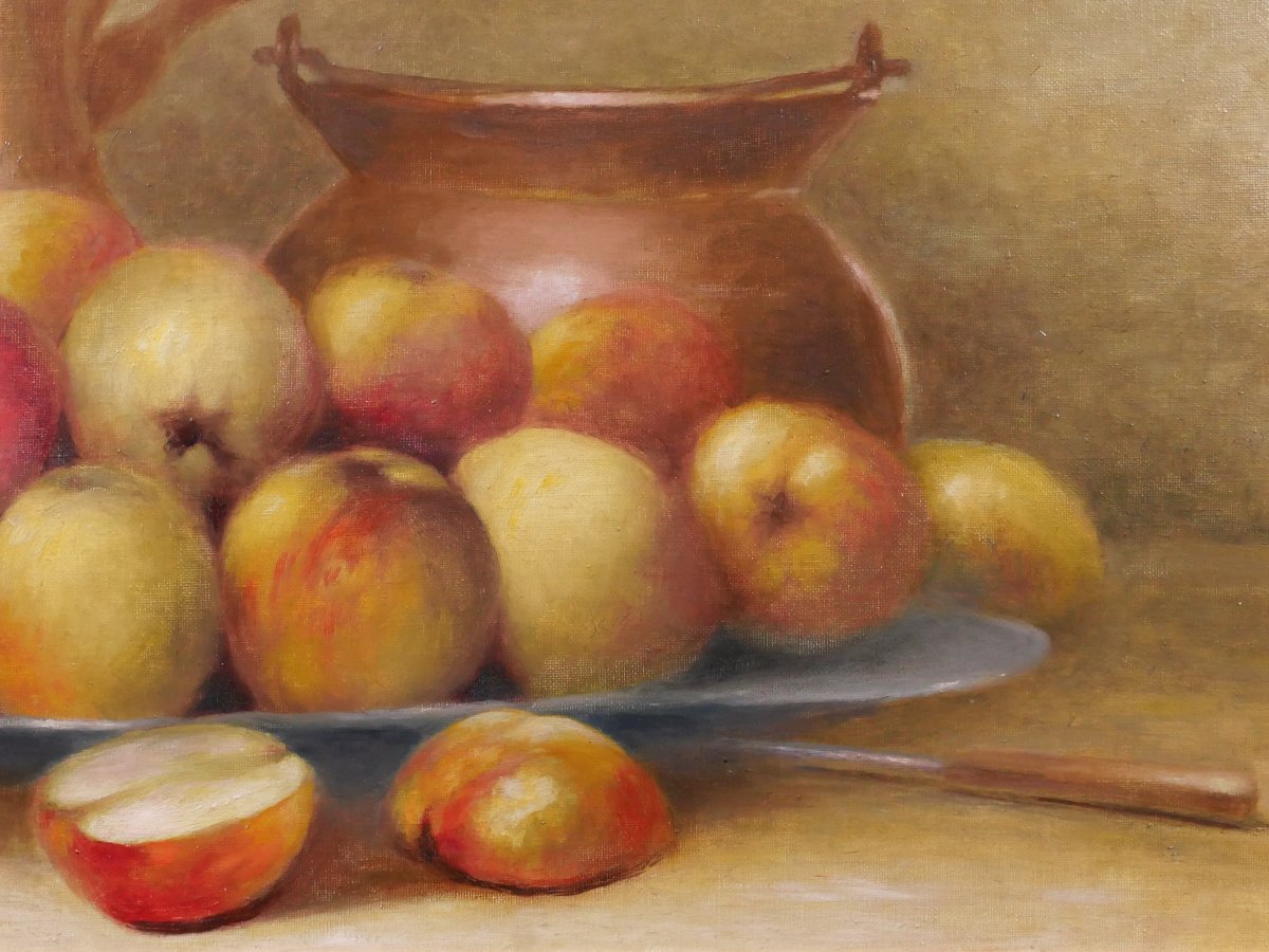 Armand BOUXIN 1880-1972 Nature morte aux pommes, tableau, vers 1940-50 Reims fruits-photo-3