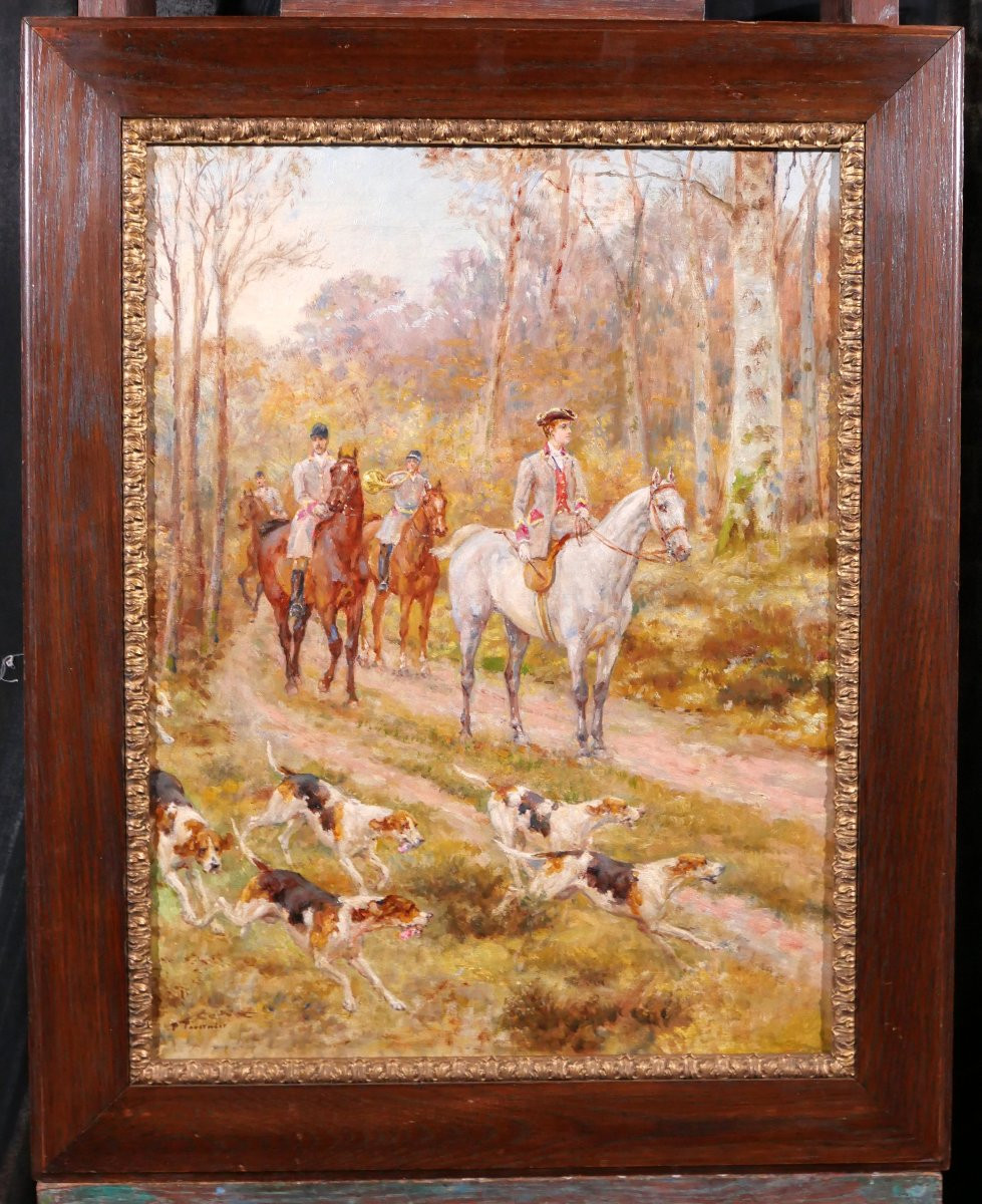 Paul Tavernier 1852 -1943 Hunt With Hounds, Painting Circa 1900 Dog Horse Fontainebleau-photo-2
