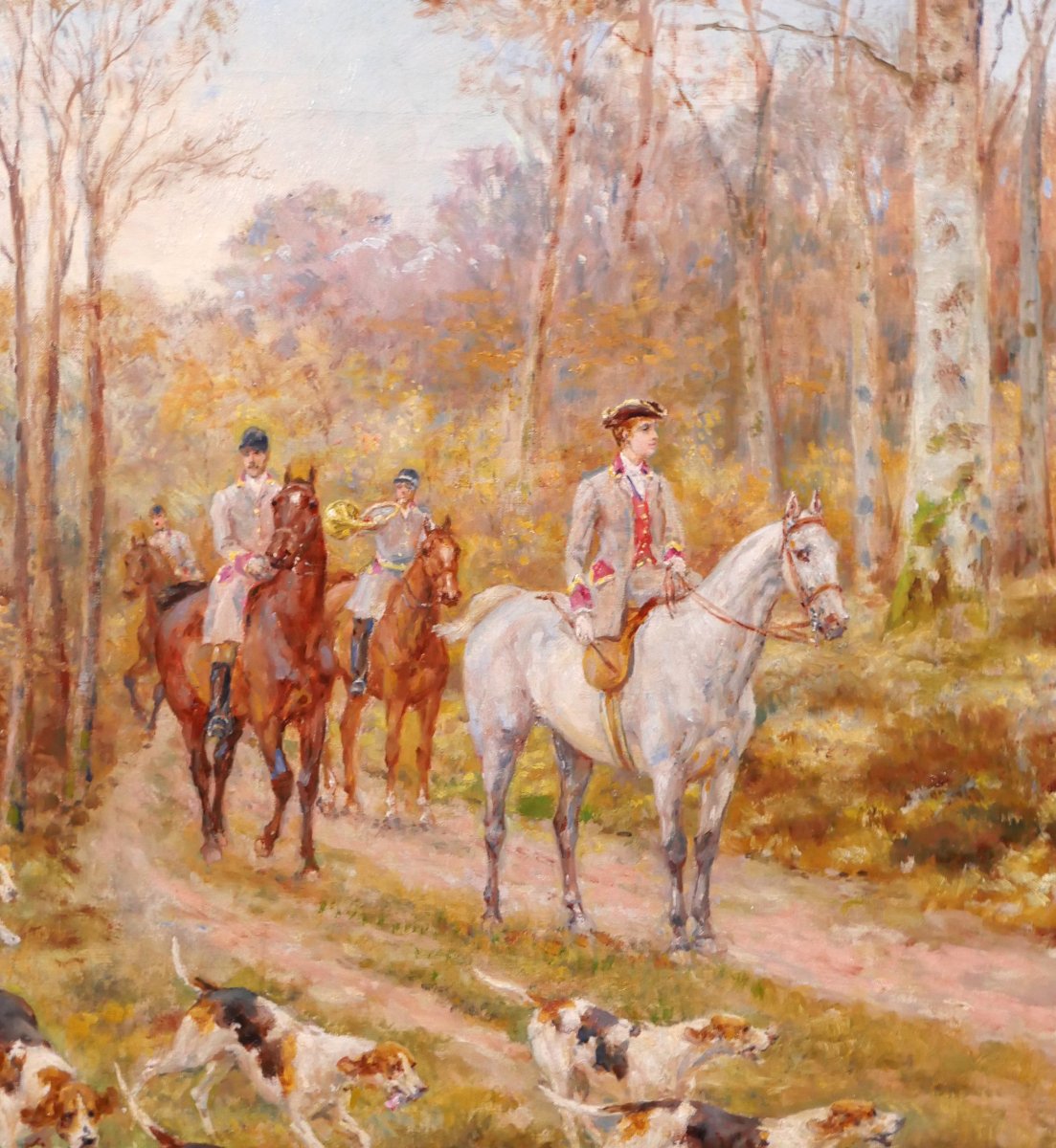 Paul Tavernier 1852 -1943 Hunt With Hounds, Painting Circa 1900 Dog Horse Fontainebleau-photo-3