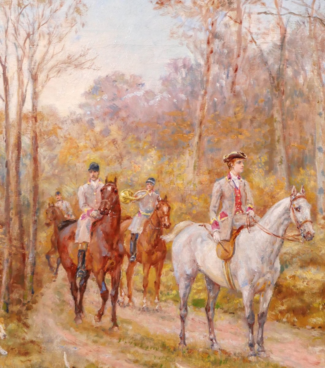 Paul Tavernier 1852 -1943 Hunt With Hounds, Painting Circa 1900 Dog Horse Fontainebleau-photo-1
