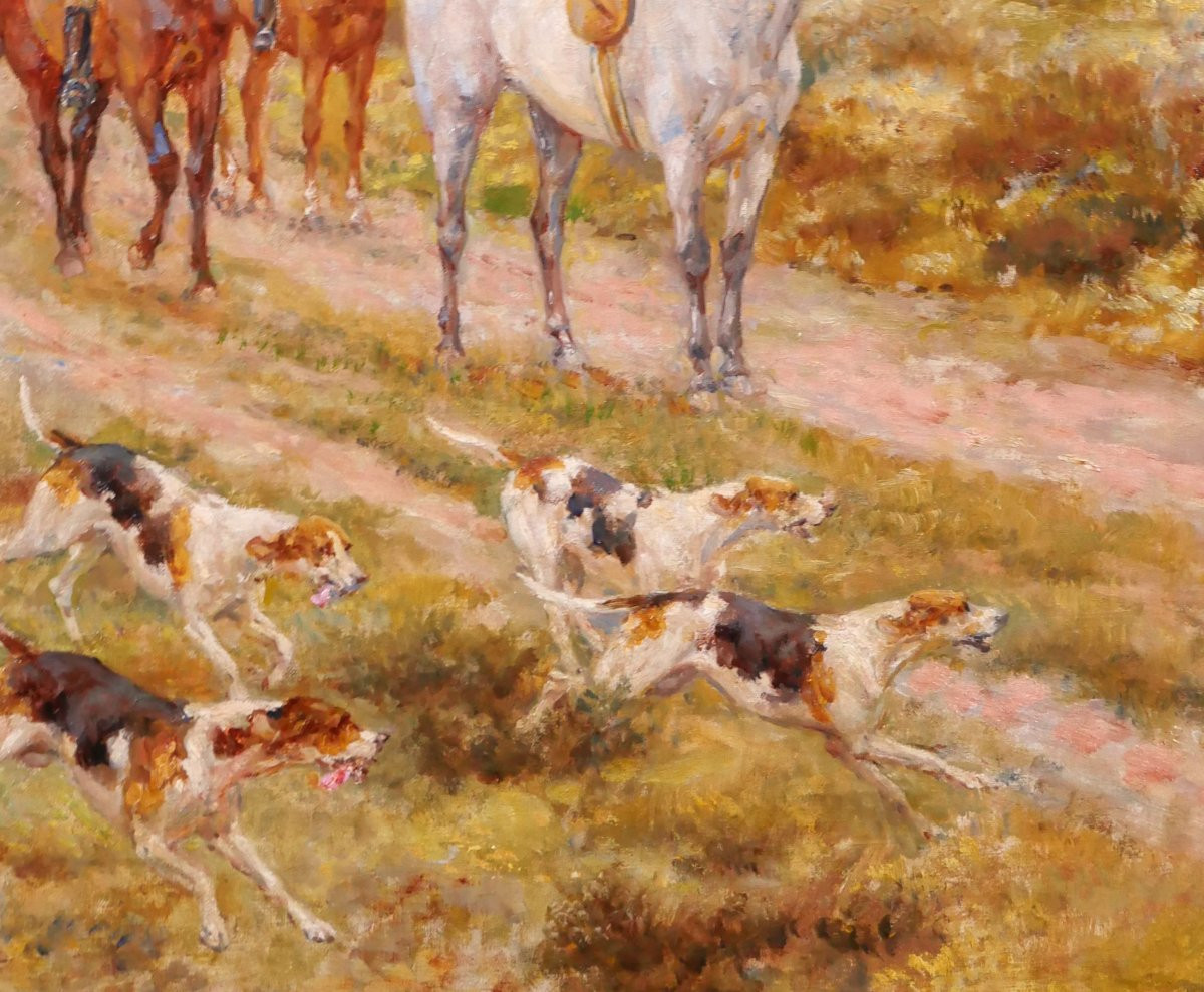 Paul Tavernier 1852 -1943 Hunt With Hounds, Painting Circa 1900 Dog Horse Fontainebleau-photo-3