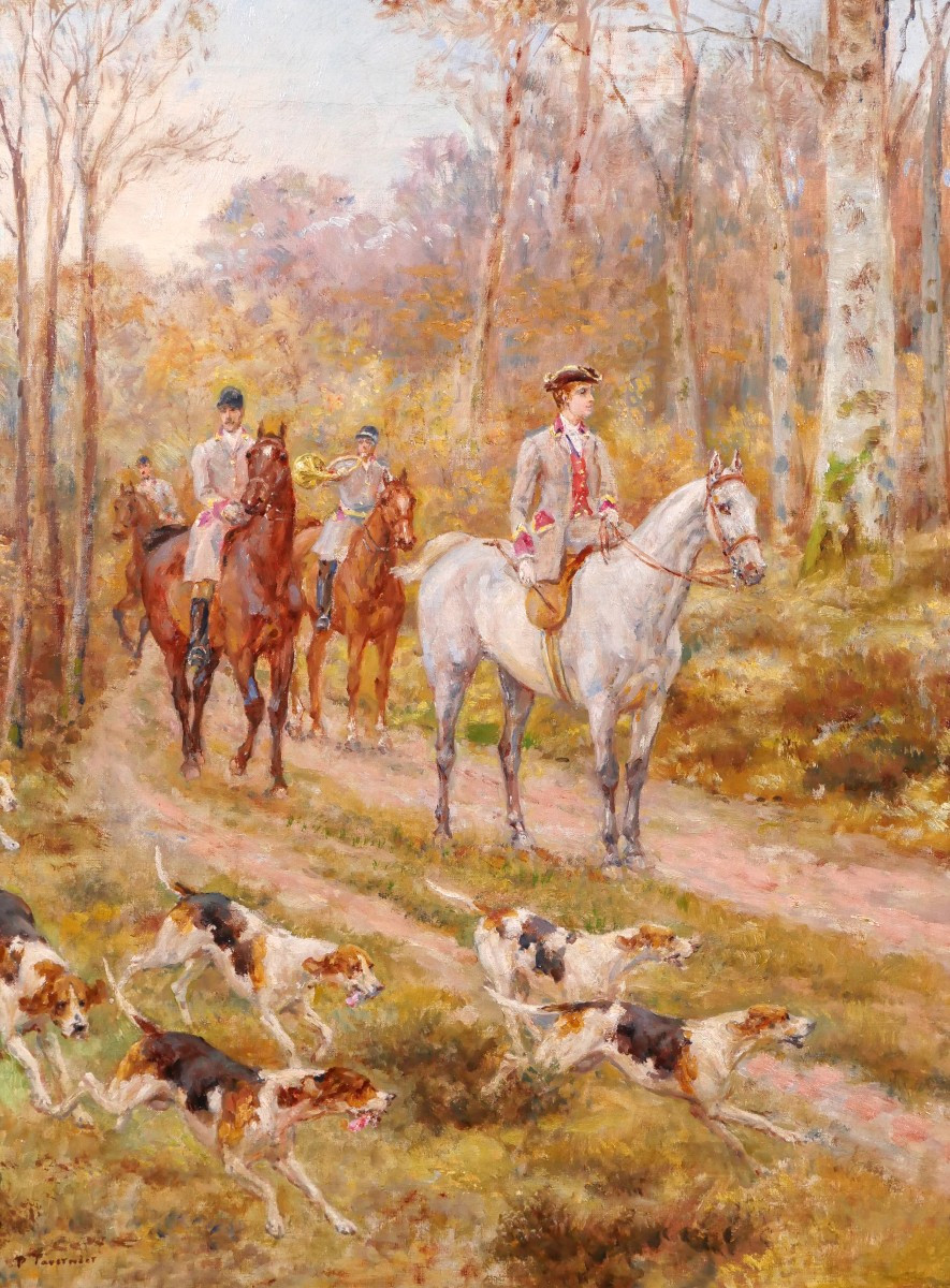 Paul Tavernier 1852 -1943 Hunt With Hounds, Painting Circa 1900 Dog Horse Fontainebleau