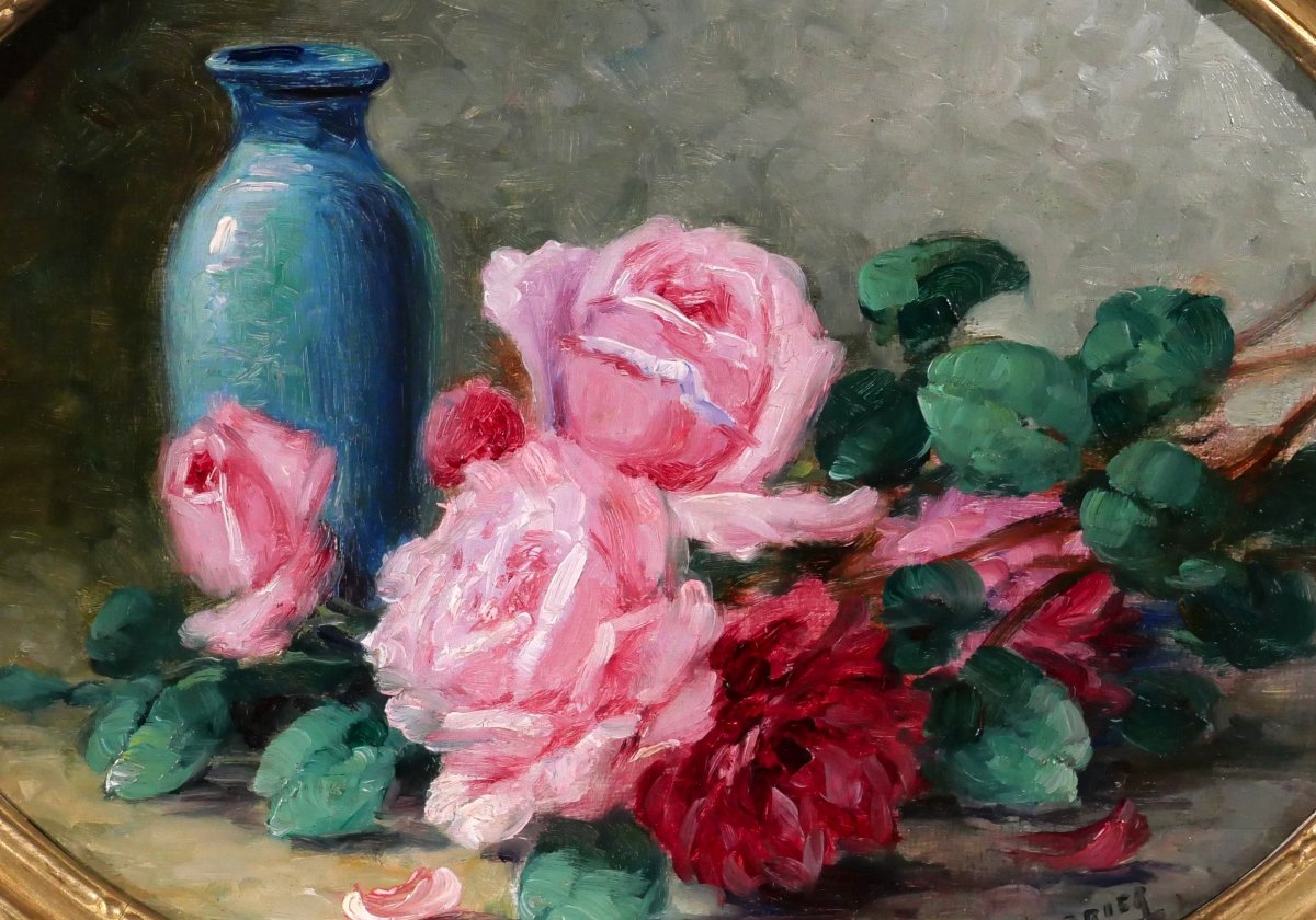 Gaston Corbier 1869-1945 Bouquet Of Roses, Painting, Circa 1900, Still Life Flowers Garden-photo-3