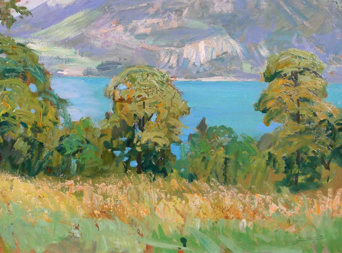 Lucien Jonas 1880-1947 Annecy, paysage au lac, tableau, vers 1930-40 Alpes Savoie Montagne-photo-3