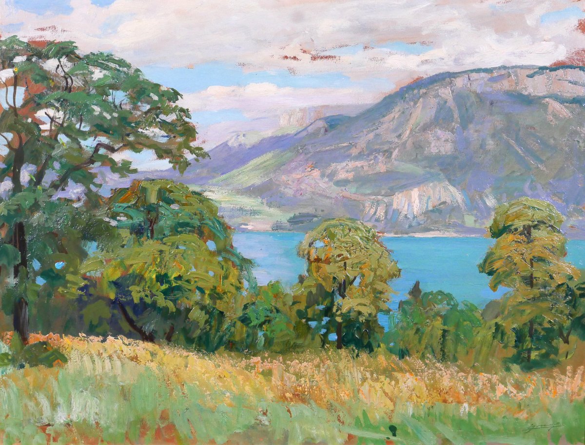 Lucien Jonas 1880-1947 Annecy, paysage au lac, tableau, vers 1930-40 Alpes Savoie Montagne