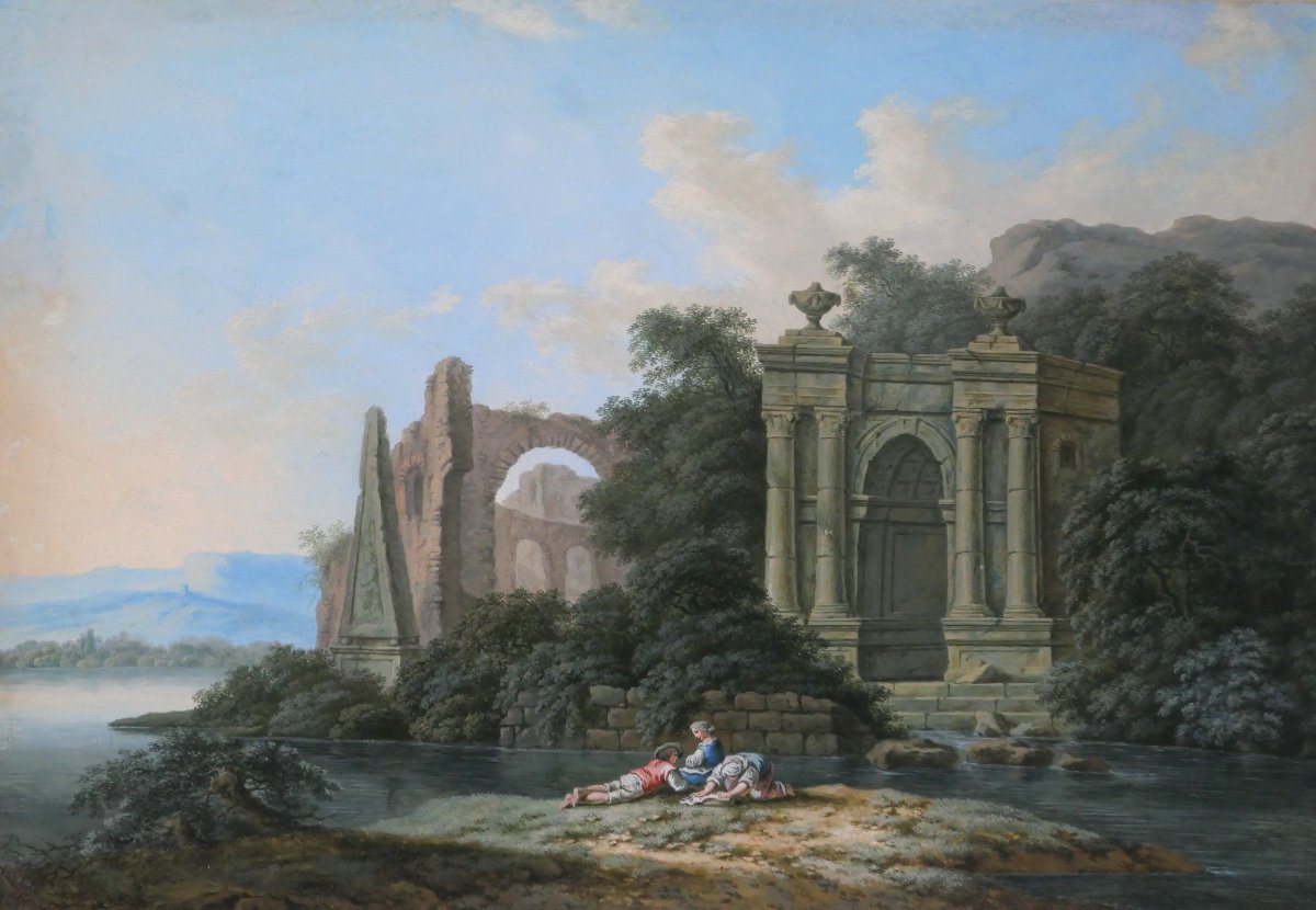 18th Century French School, Italian Landscape With Ruins, Drawing, Neoclassical Gouache-photo-2