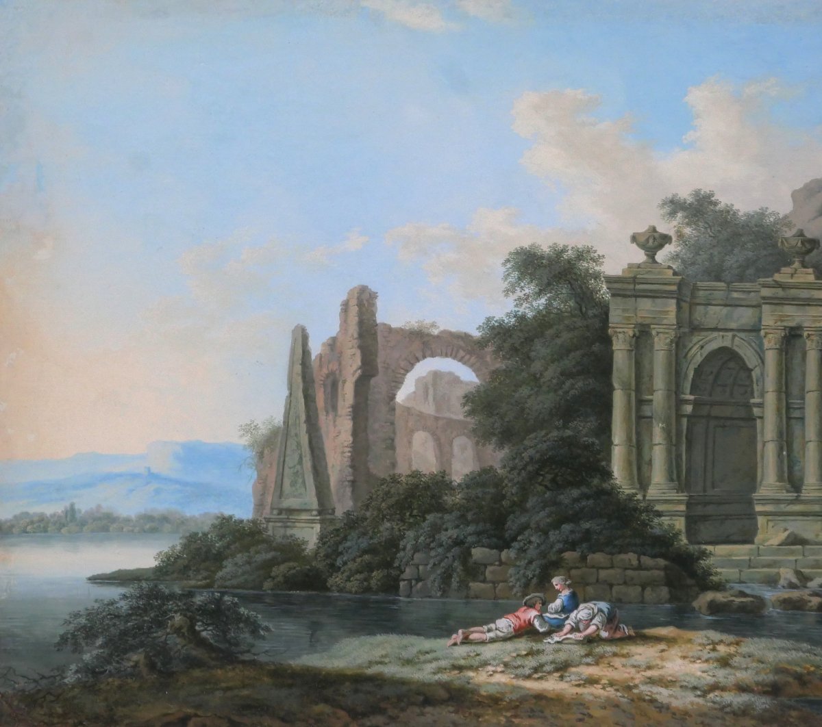 18th Century French School, Italian Landscape With Ruins, Drawing, Neoclassical Gouache-photo-3